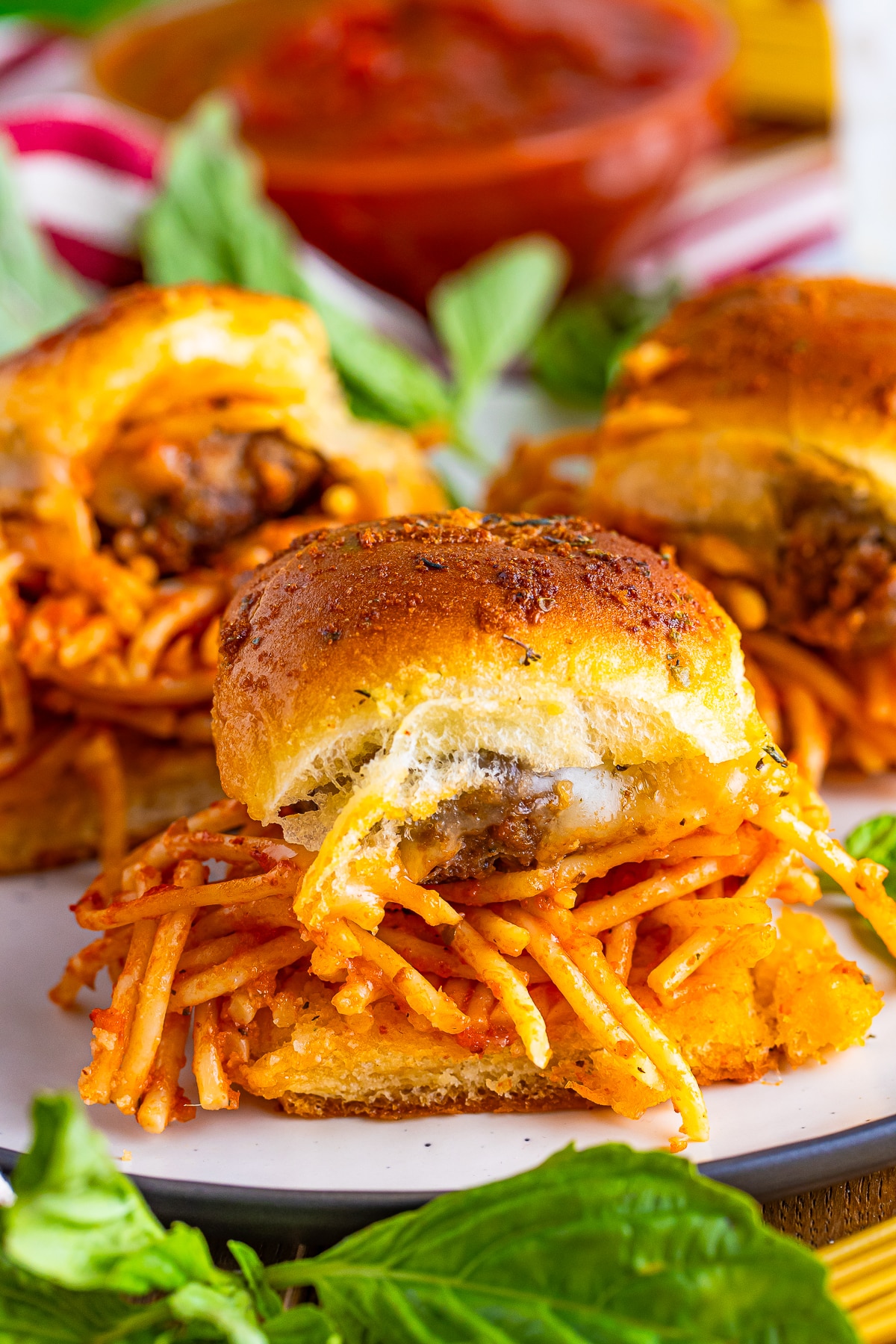 close up Meatball Sliders on serving plate
