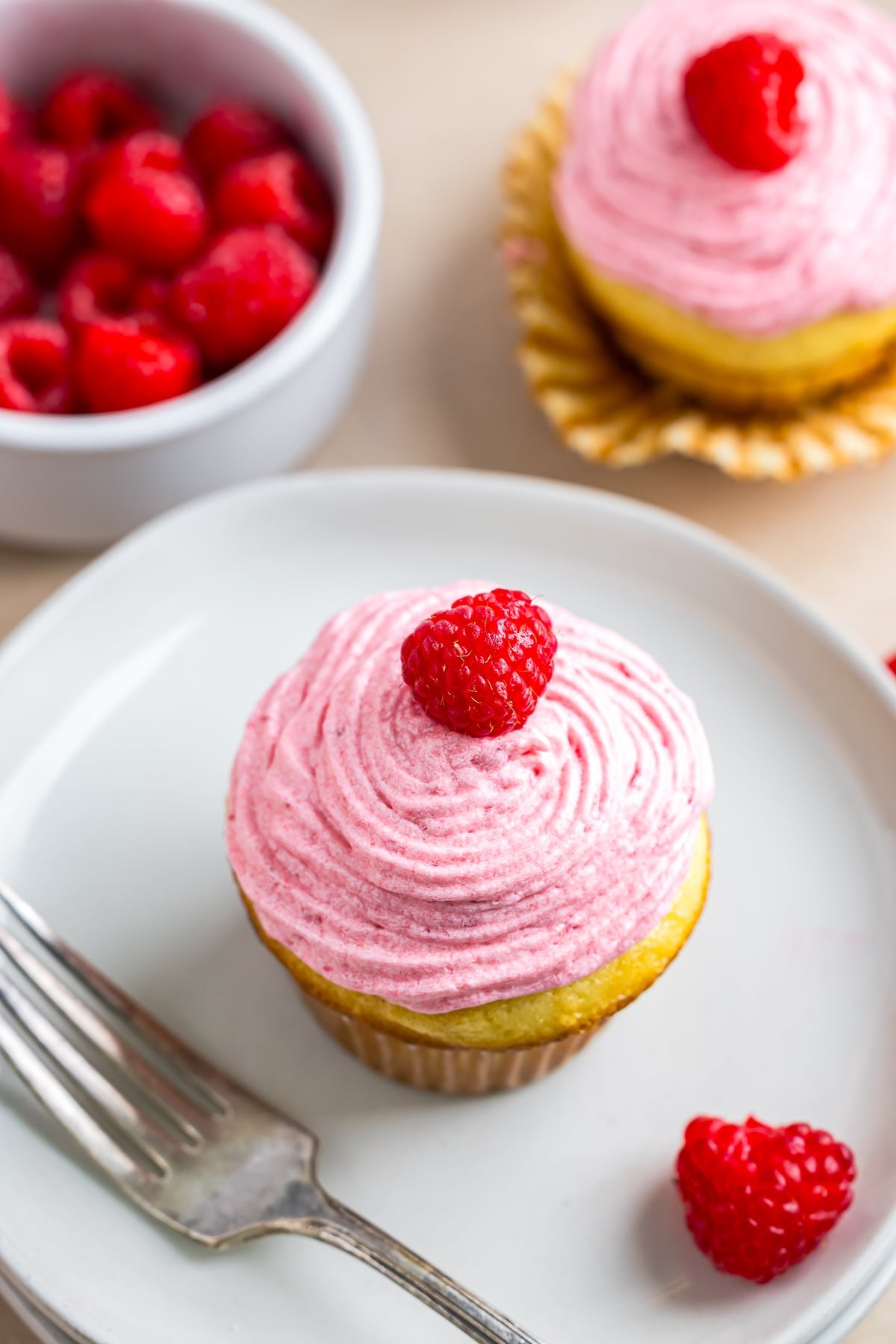 overhead image Raspberry Cupcakes on white plate