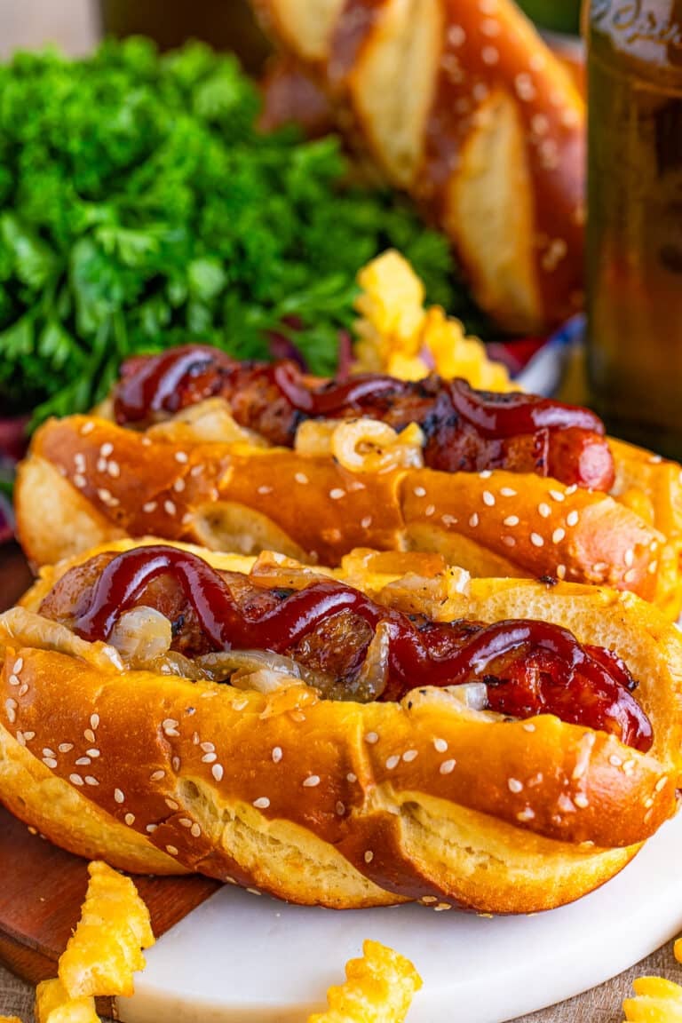 Bacon Wrapped Bratwurst Sandwich