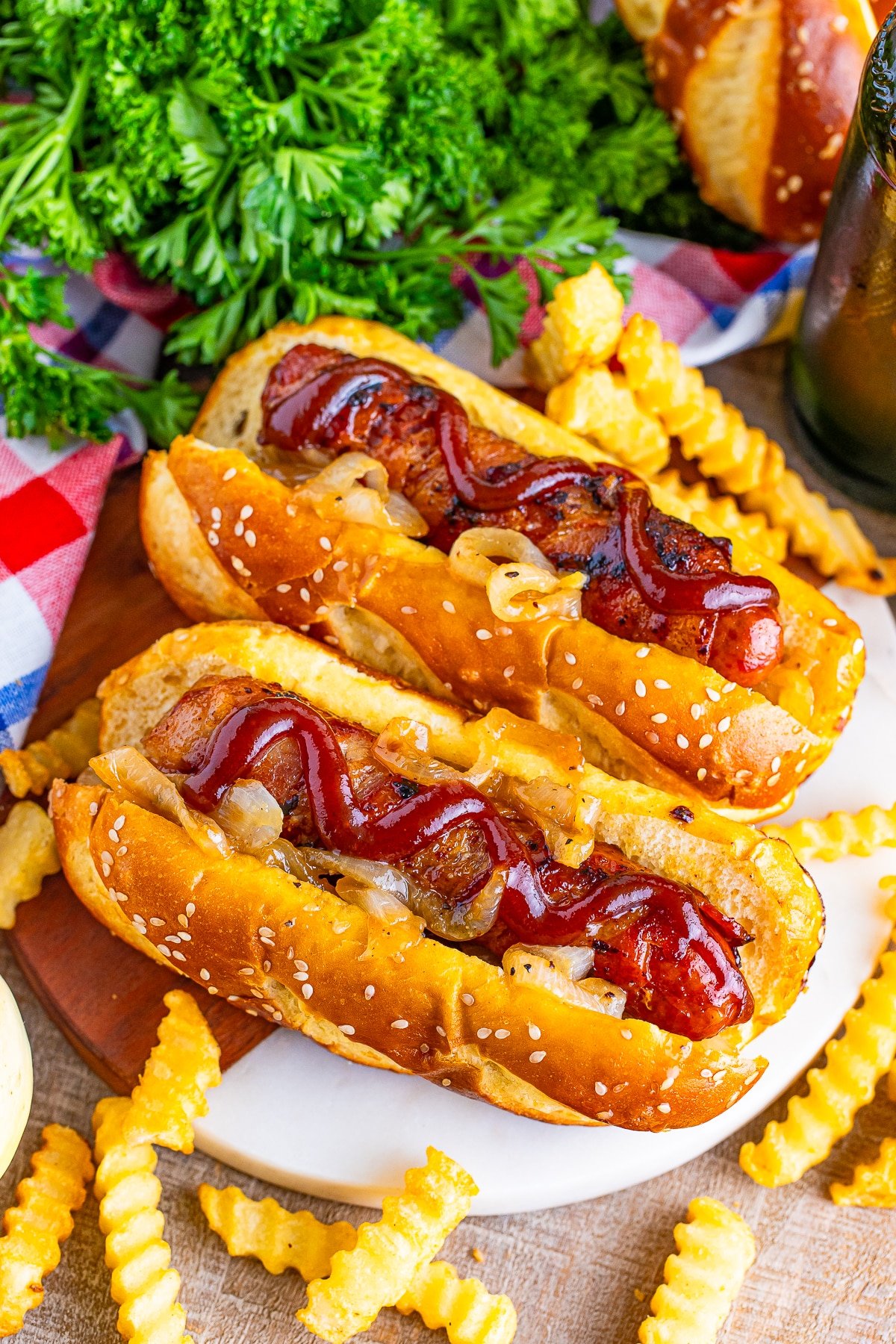 overhead image Bratwurst Sausage in pretzel buns