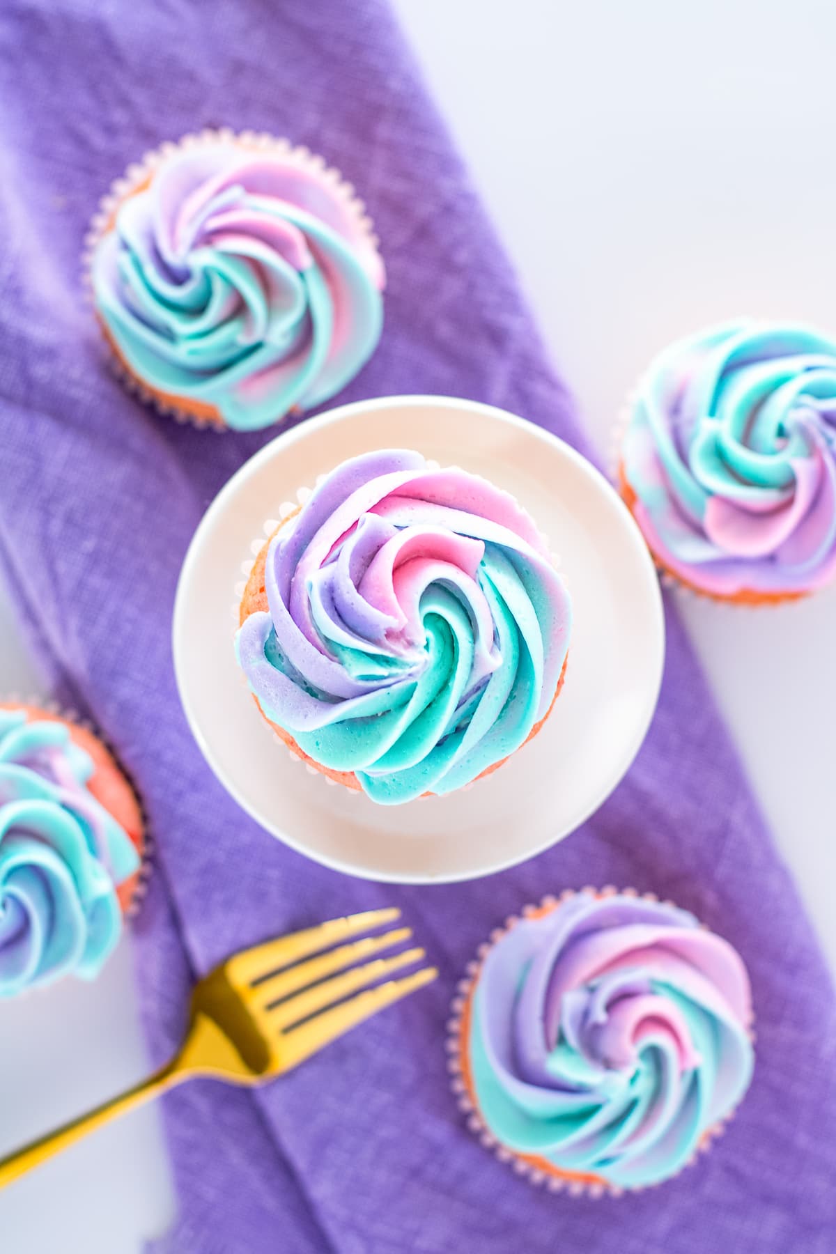 over head image Cherry Cupcakes with purple towel