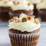 A chocolate peanut butter cupcake with swirled white chocolate frosting topped with peanut butter chips.