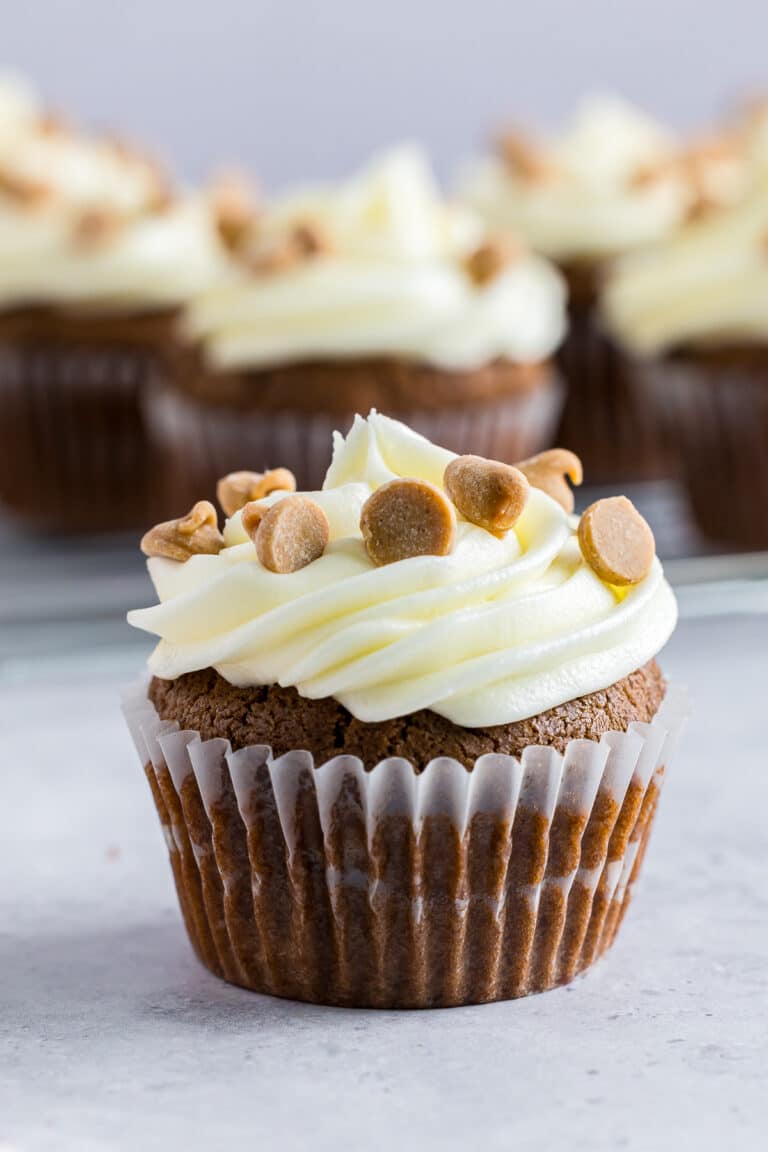 A chocolate peanut butter cupcake with swirled white chocolate frosting topped with peanut butter chips.