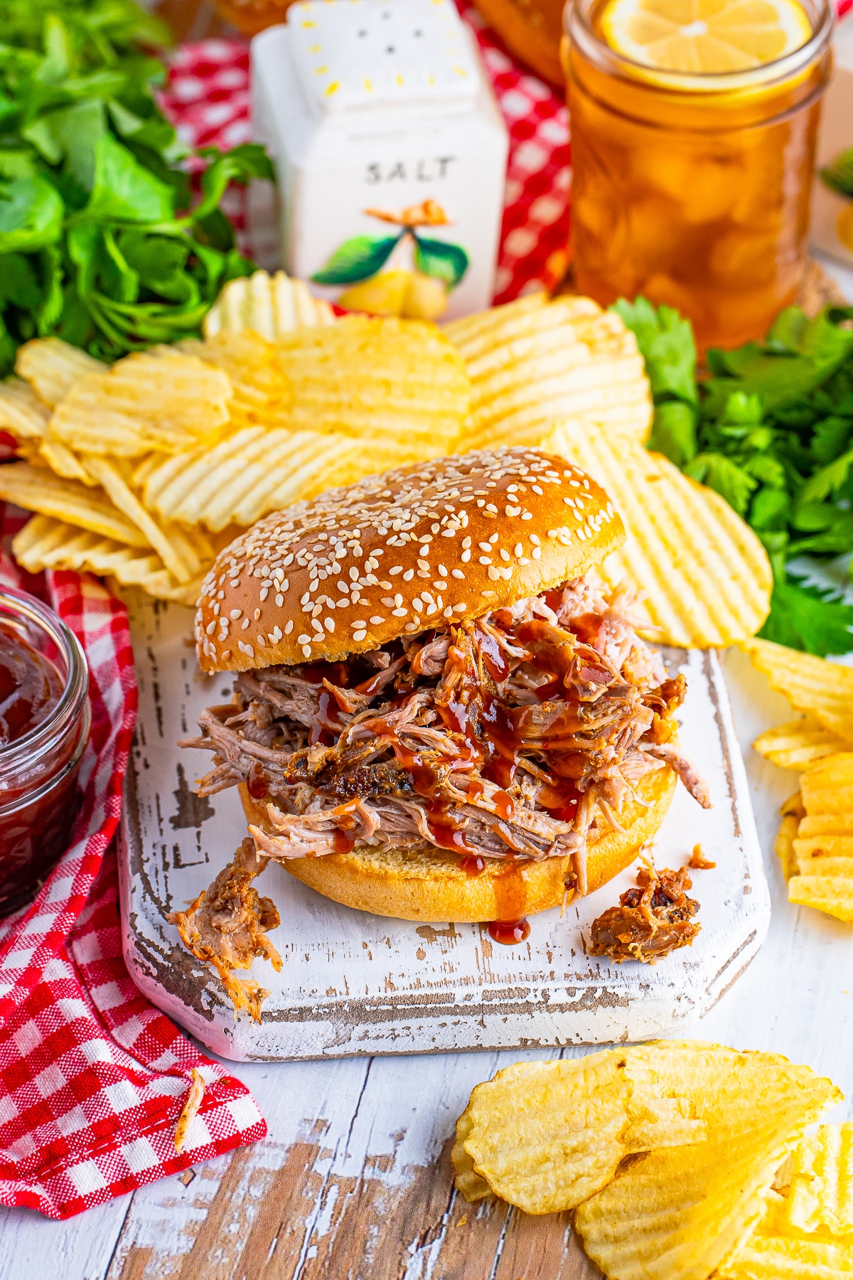 Oven Baked Pulled Pork sandwich on a white serving plate