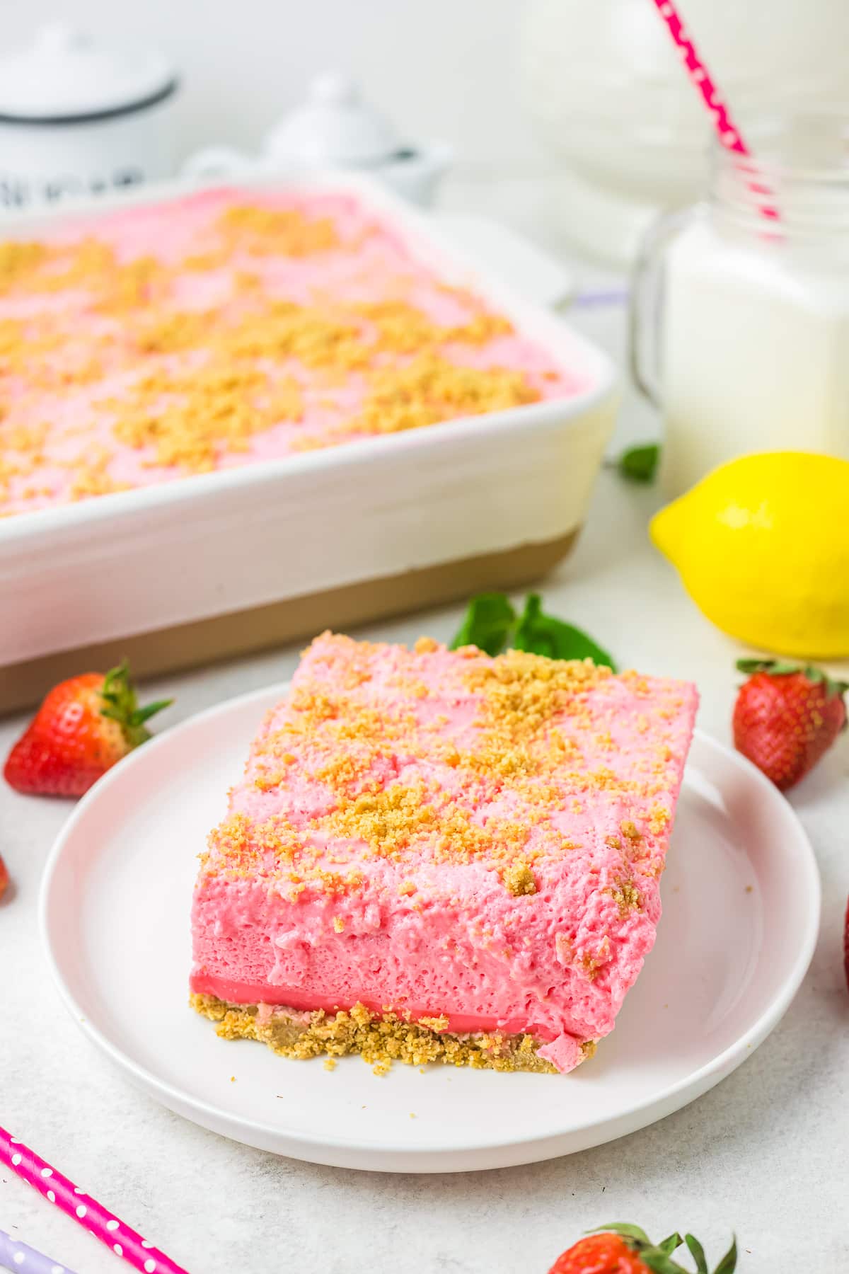 a slice of Woolworth Cake on a white plate