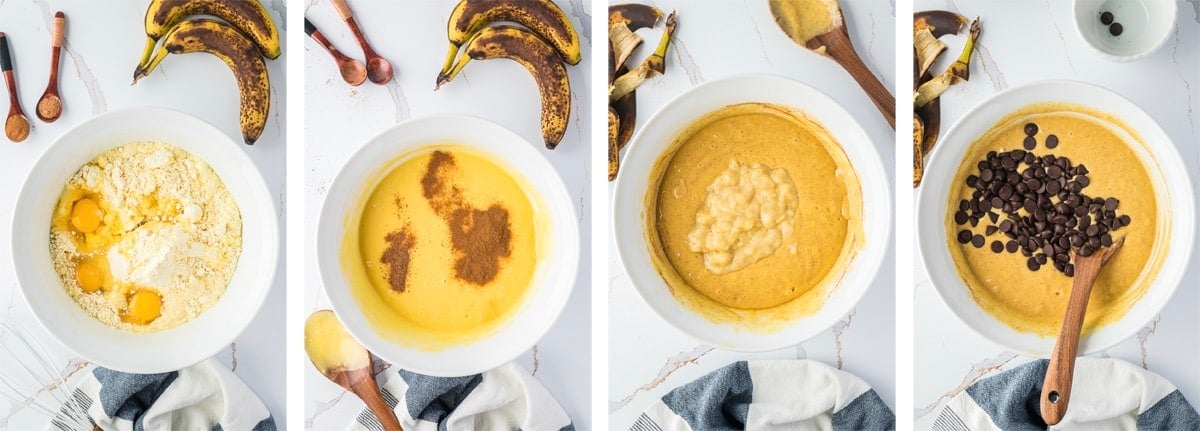 collage of images showing how to make the batter for Banana Bundt Cake