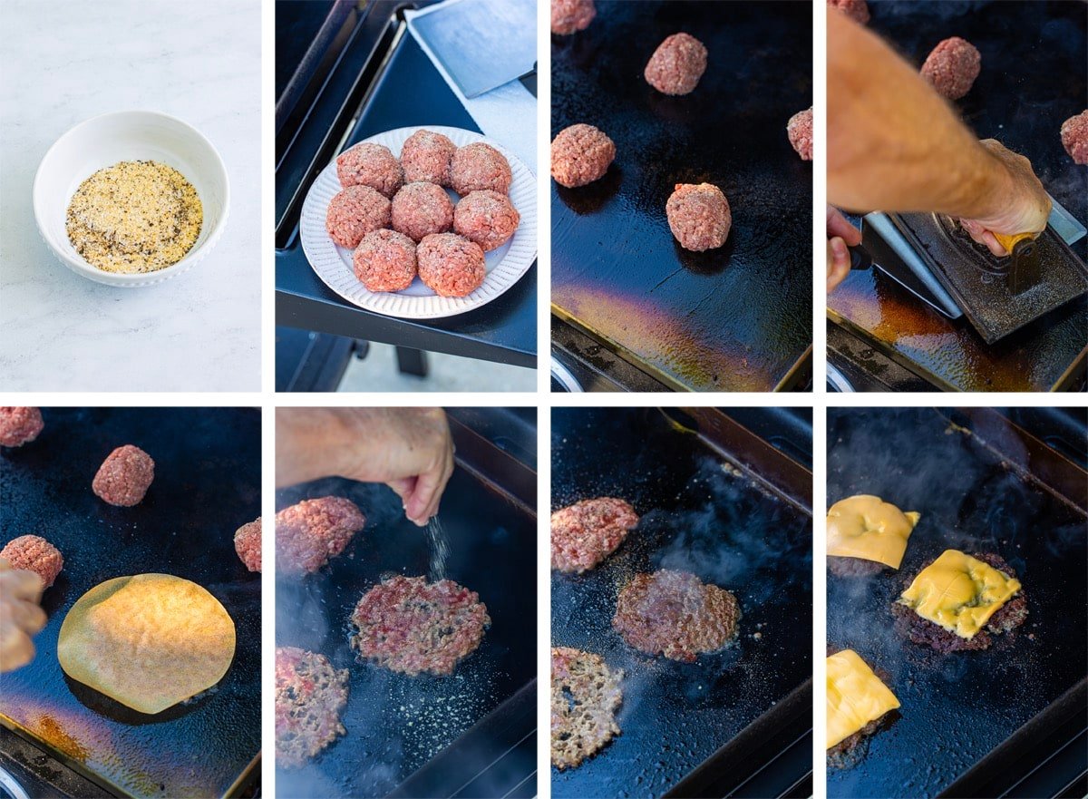 collage of images showing how to make smash burgers