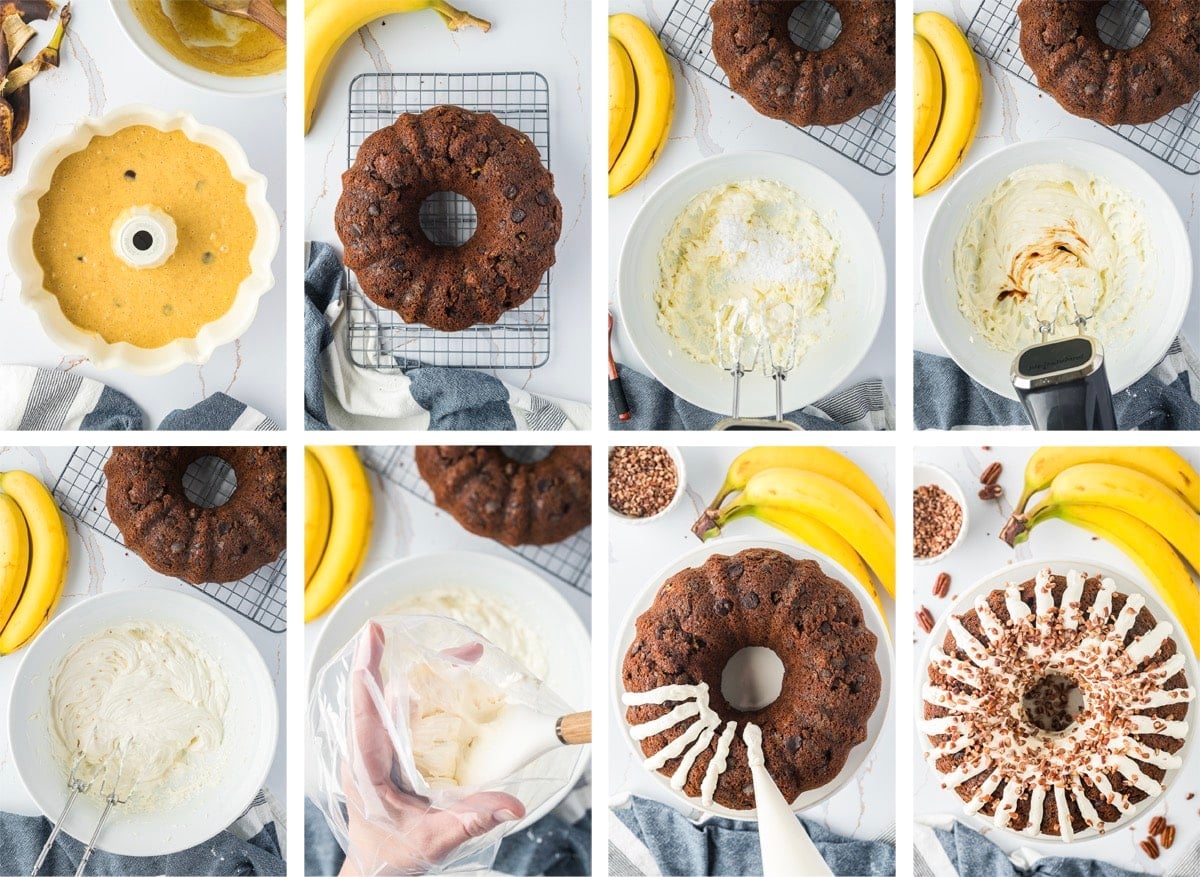 collage of images showing how to bake and frost Banana Bundt Cake