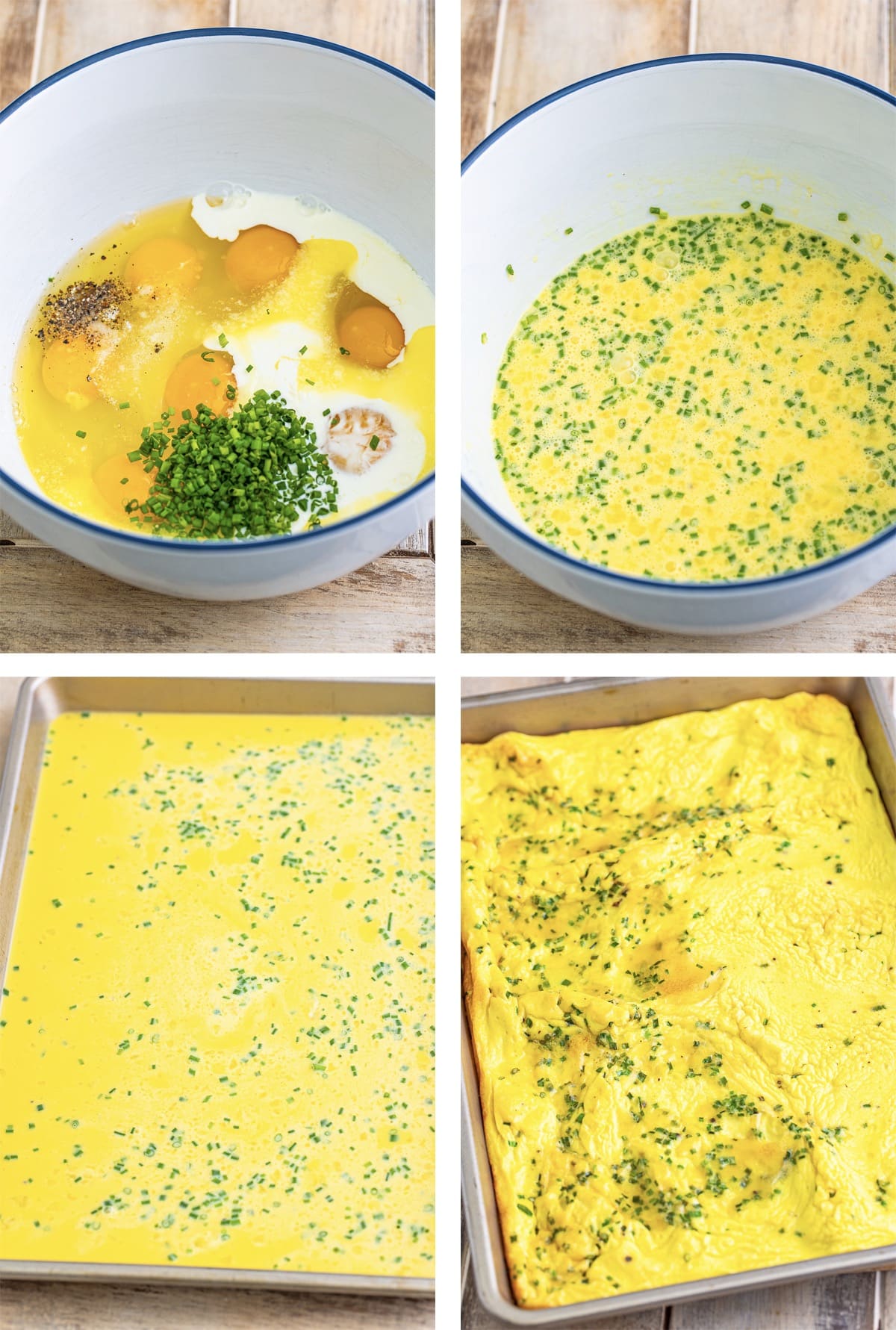 collage of images showing how to make sheet pan omelet