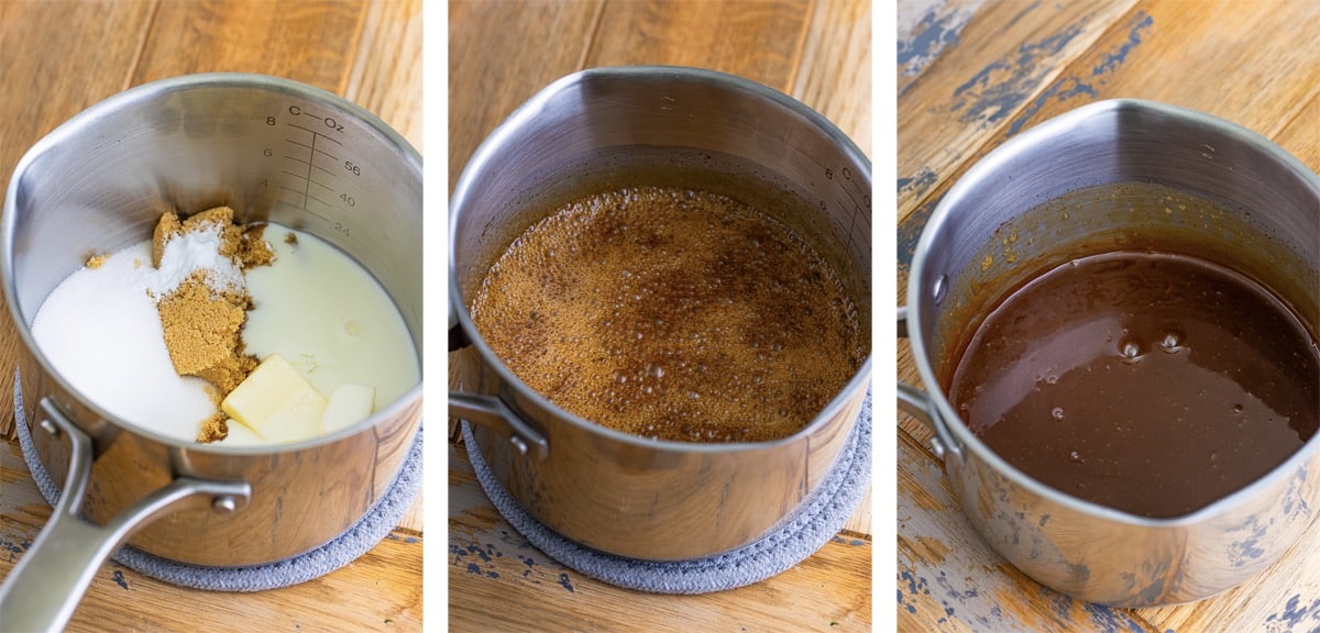 collage of images showing how to make Easy Caramel Sauce