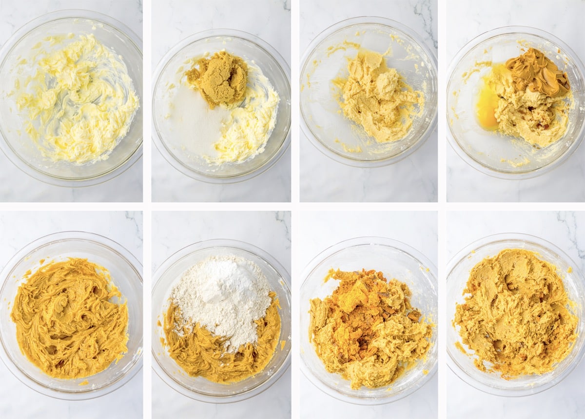 a collage of images showing how to make the dough for Butterfinger Cookies