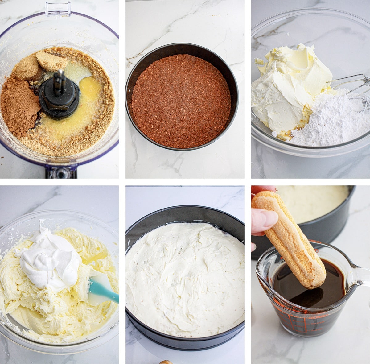 collage of images showing how to make the first steps of Tiramisu Cheesecake