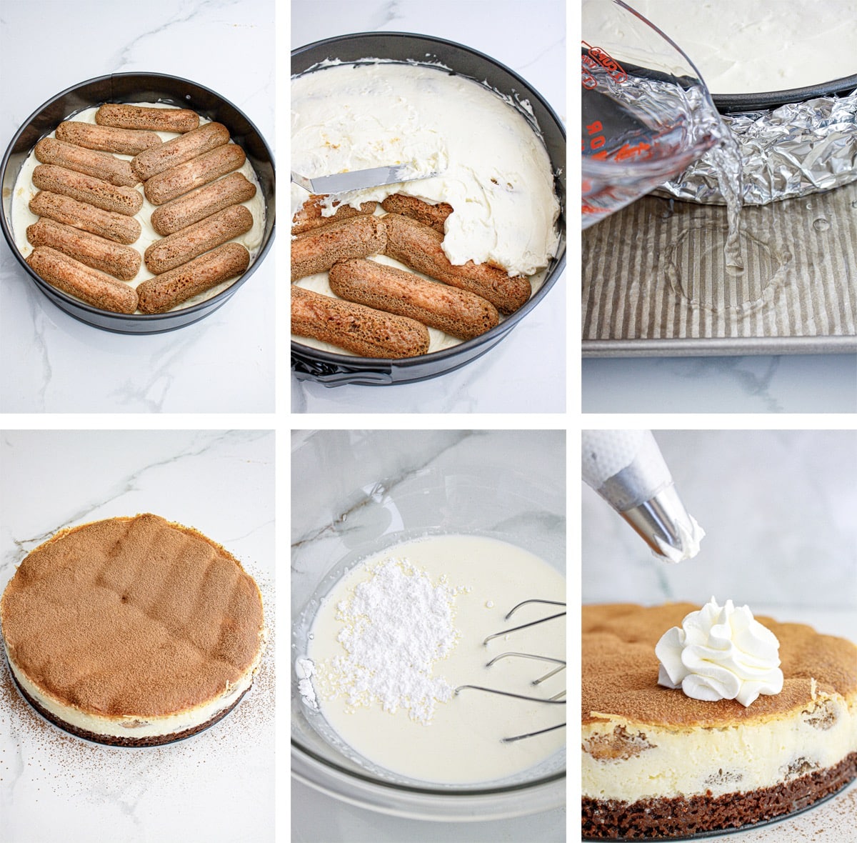 collage of images showing the final steps on how to make Tiramisu Cheesecake