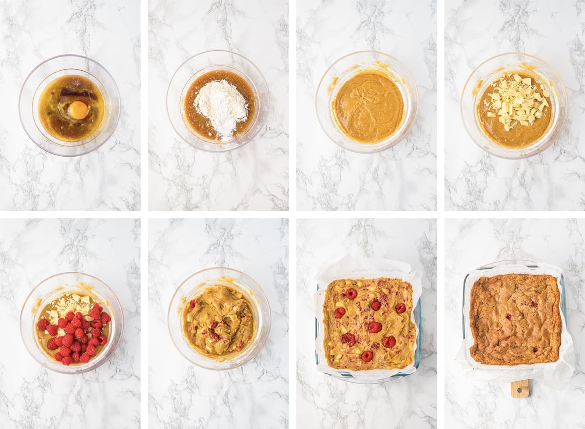 collage of images showing how to make Raspberry White Chocolate Brownies