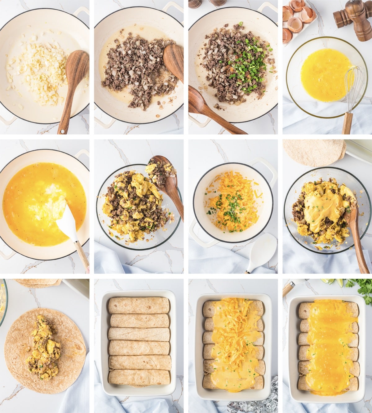 collage of images showing how to make Breakfast Enchiladas