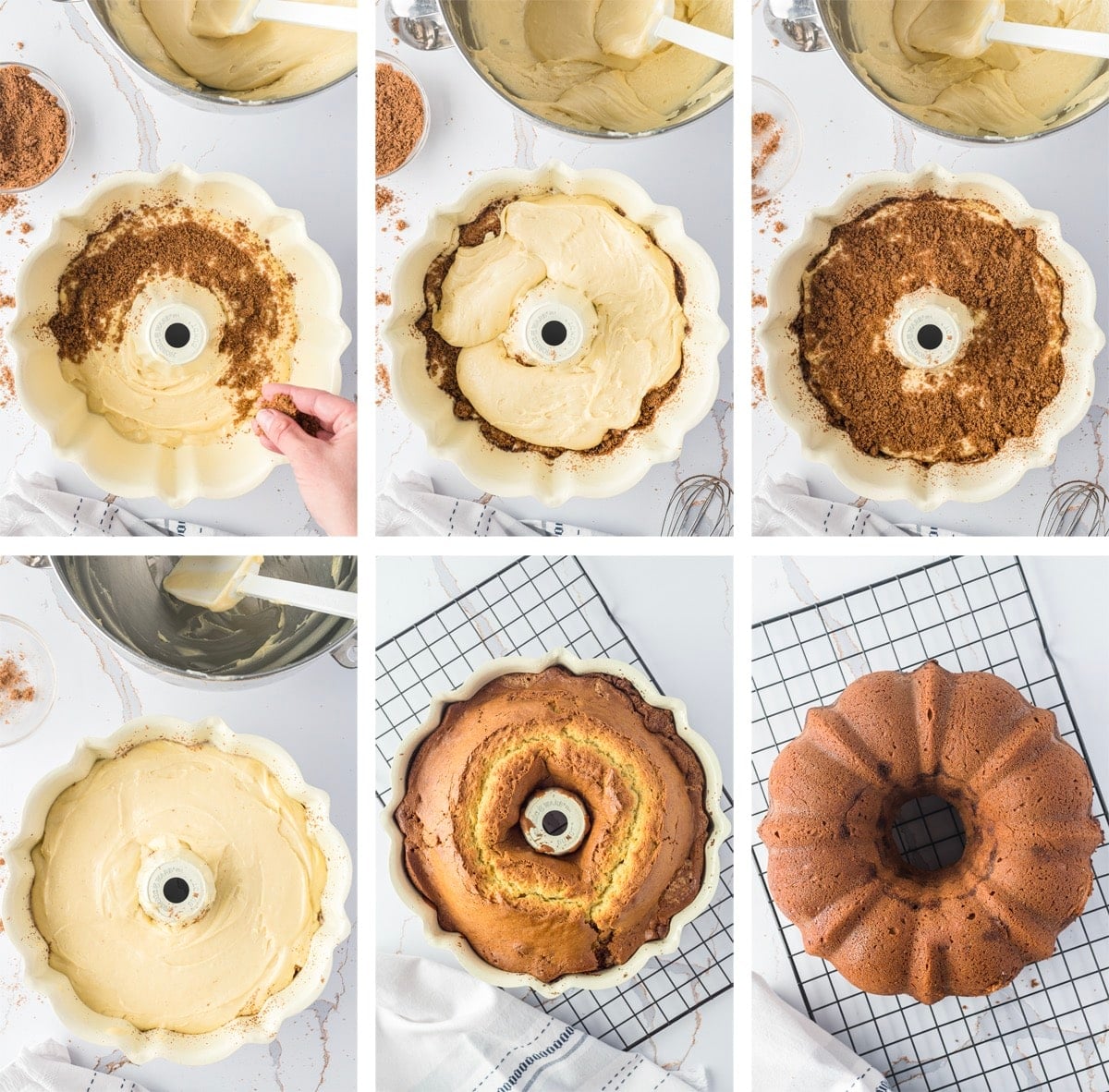 putting together and baking the cake for coffee cake bundt cake