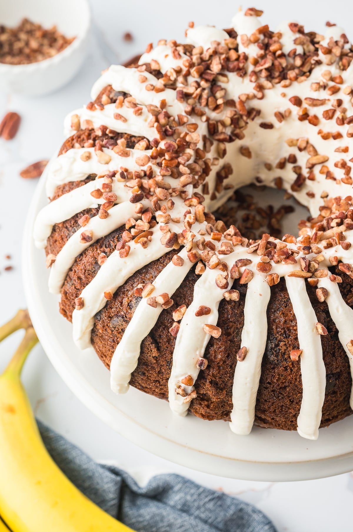 overhead image of Banana Bundt Cake on cake stand