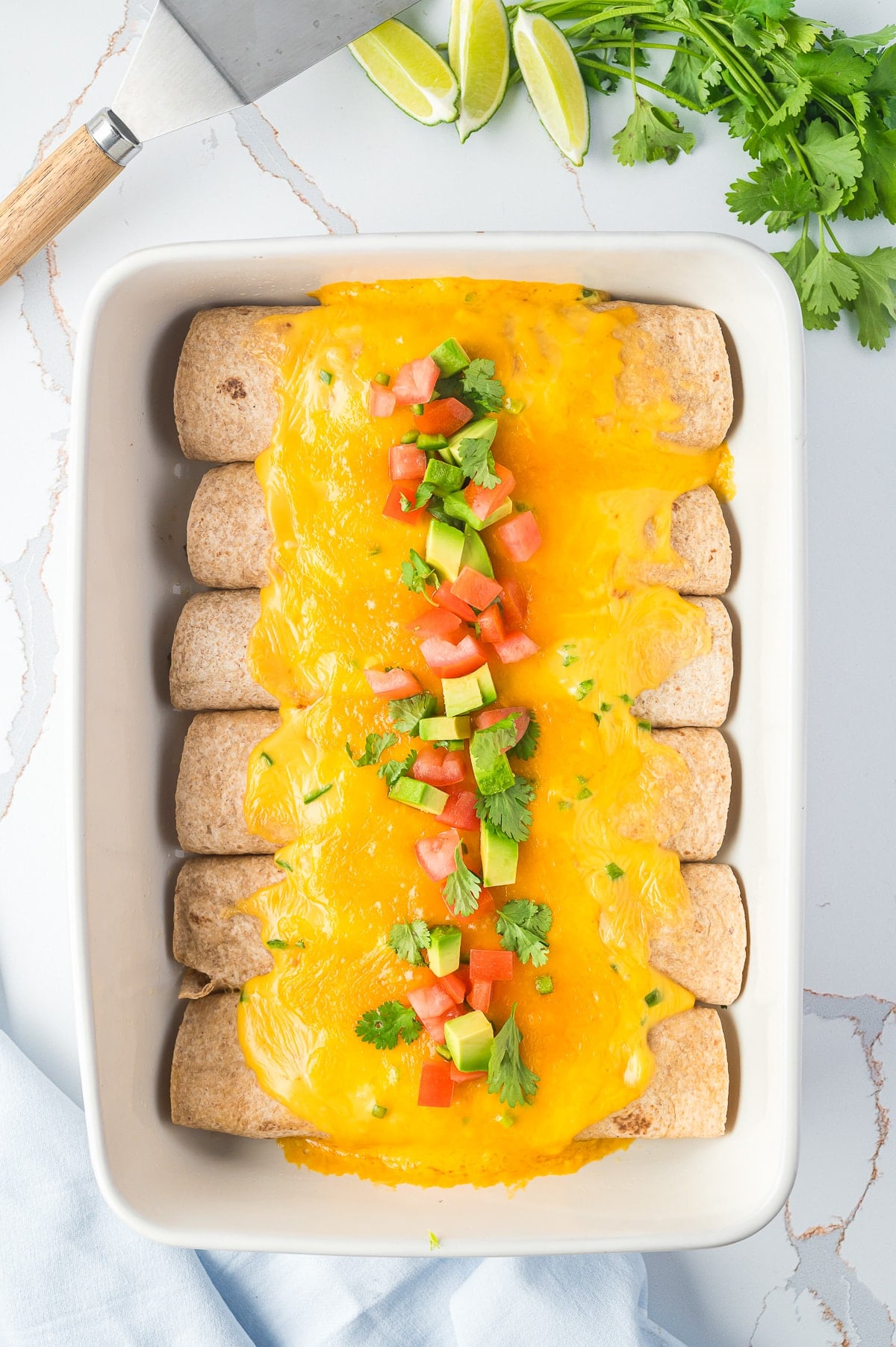 overhead image Breakfast Enchiladas in serving dish