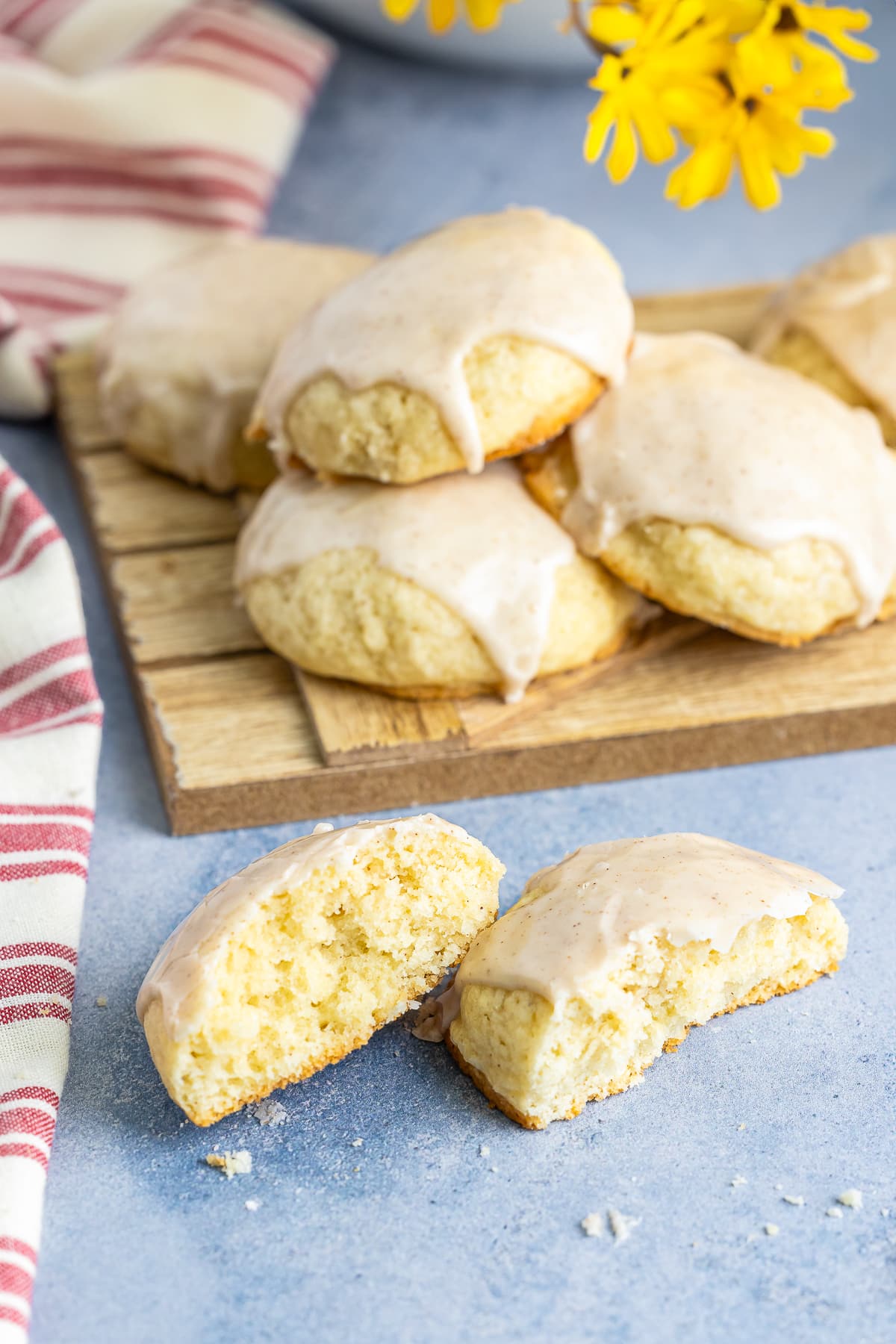 Tea Cakes cut in half to show interior on blue table top