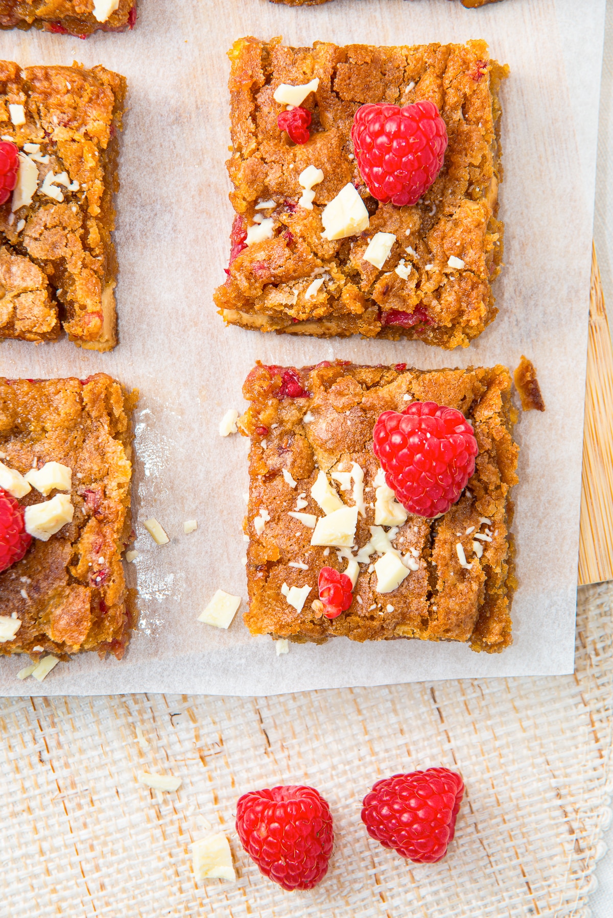 overhead image Raspberry White Chocolate Brownies on serving board
