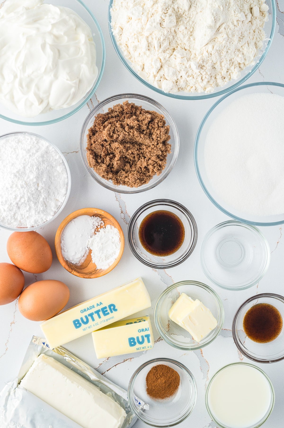 This sour cream coffee cake can be enjoyed at any time during the day, moist, cinnamony, and dripping with a luscious cream cheese glaze! #recipe from thissillygirlskitchen.com #coffeecake #sourcreamcoffeecake #cinnamon #breakfast ingredients needed to make coffee cake bundt cake