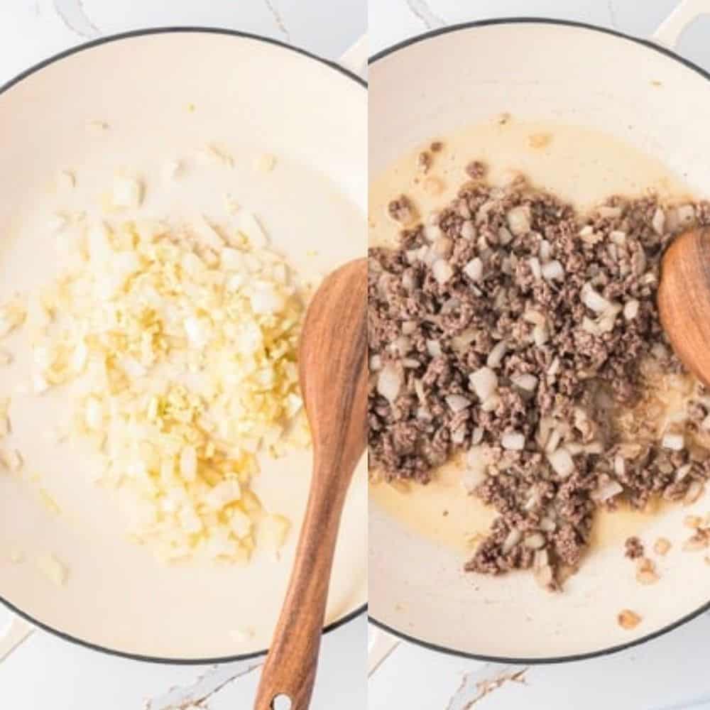 Chopped onions and garlic sautéed in a pan, then mixed with browned ground beef, stirred with a wooden spoon.
