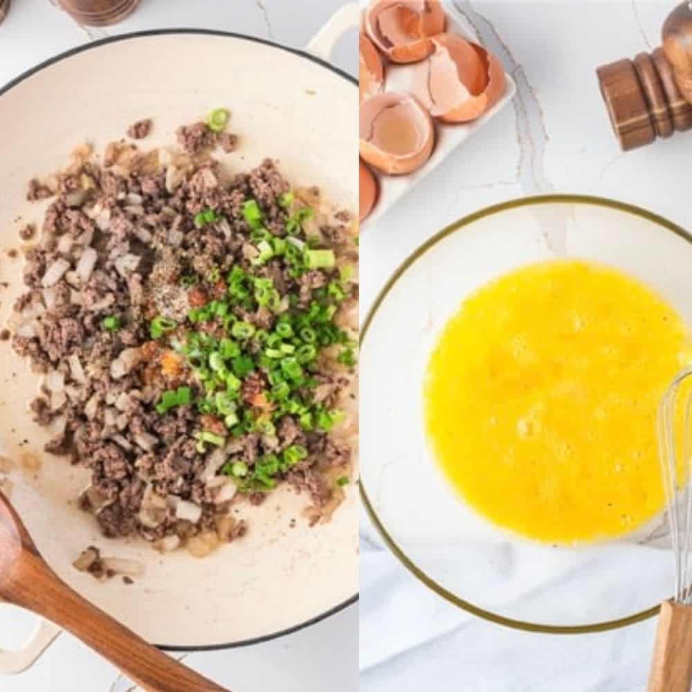 Ground beef and green onions in a skillet beside a bowl of beaten eggs, with cracked shells and a whisk on a marble counter.