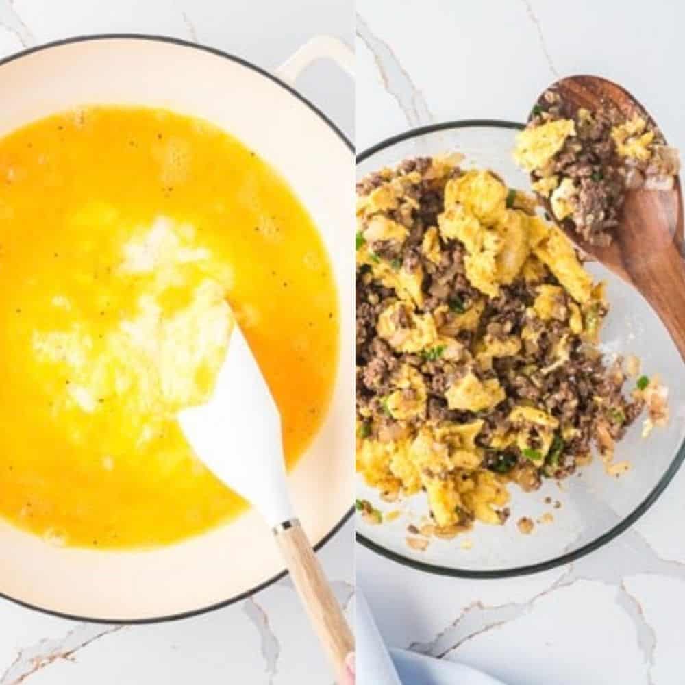 Scrambled eggs cooking in a pan on the left, mixed with ground beef and herbs on a plate with a wooden spoon on the right.