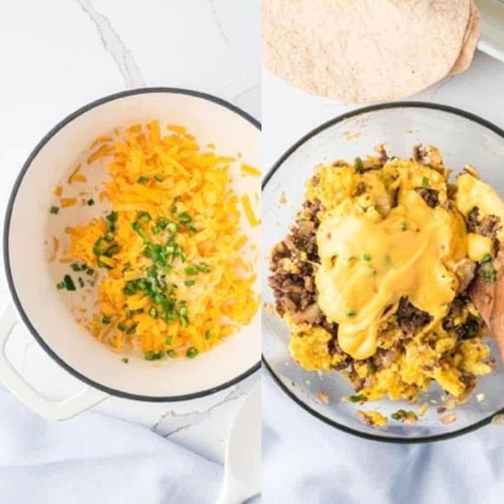 Cheese and jalapeños in a pot, next to a bowl of cheesy scrambled eggs and beef, with tortillas in the background.