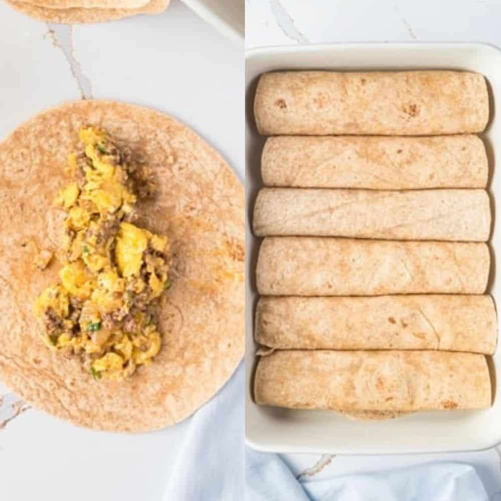 Tortilla with scrambled eggs and sausage on left, rolled burritos in a baking dish on right, ready for cooking.