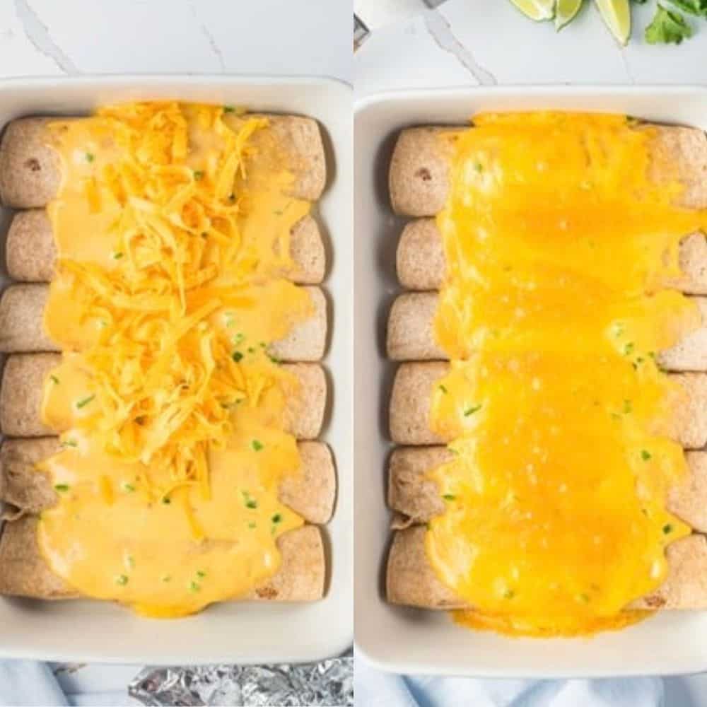 Two casserole dishes with enchiladas, one topped with shredded cheese, the other with melted cheese, garnished with herbs.