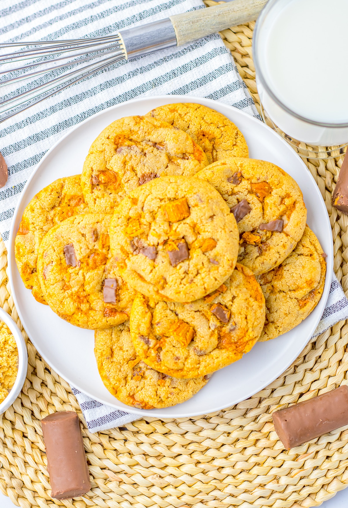 overhead image Butterfinger Cookies on a white serving platter