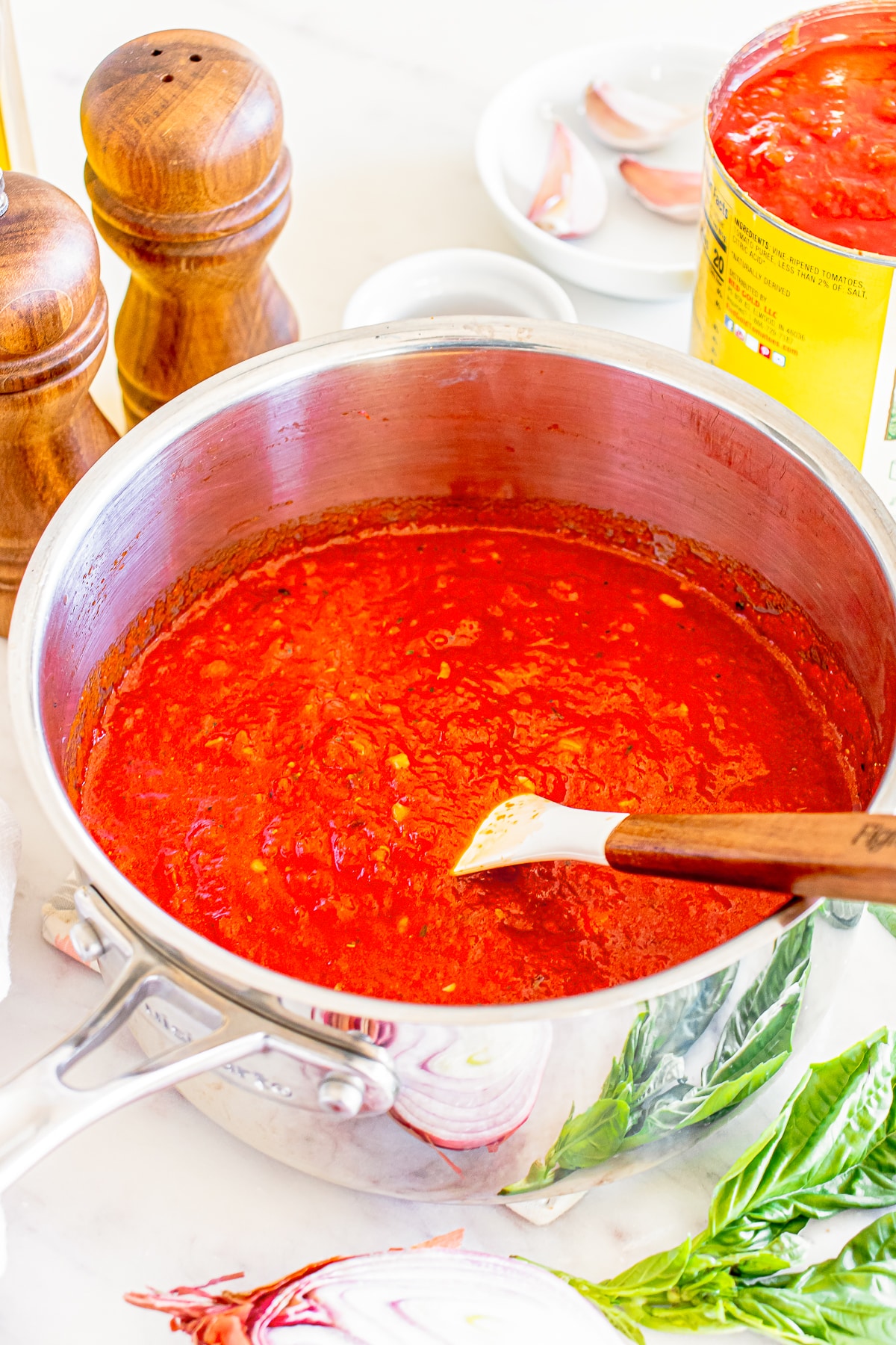 finished homemade marinara sauce in a skillet