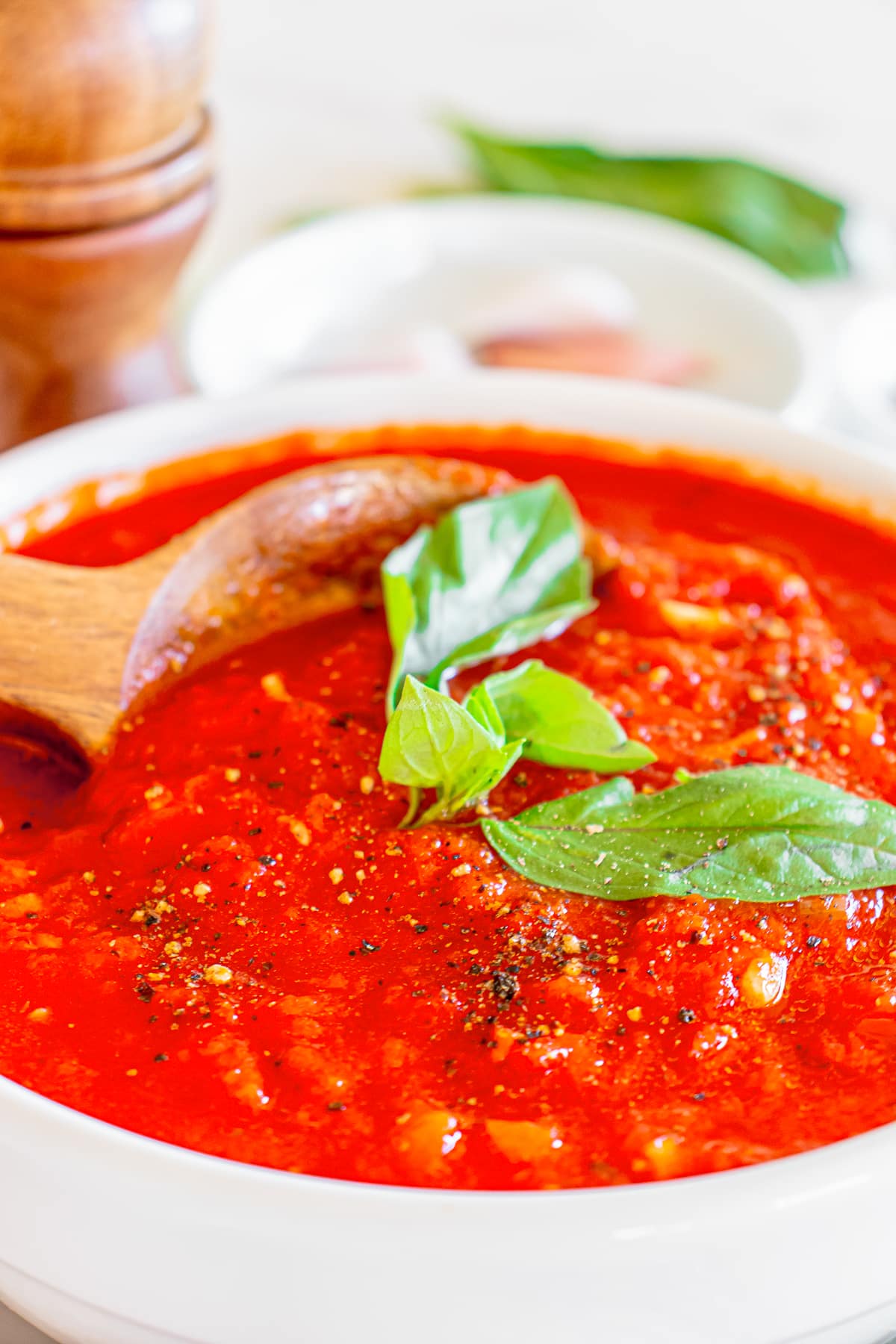 up close image of homemade marinara sauce in a white bowl