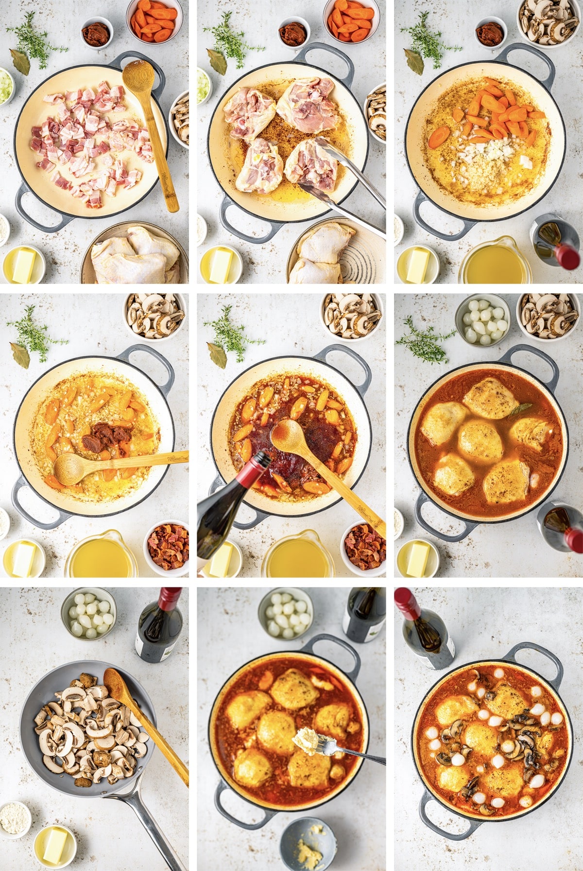 collage of images showing how to make Coq au Vin Recipe