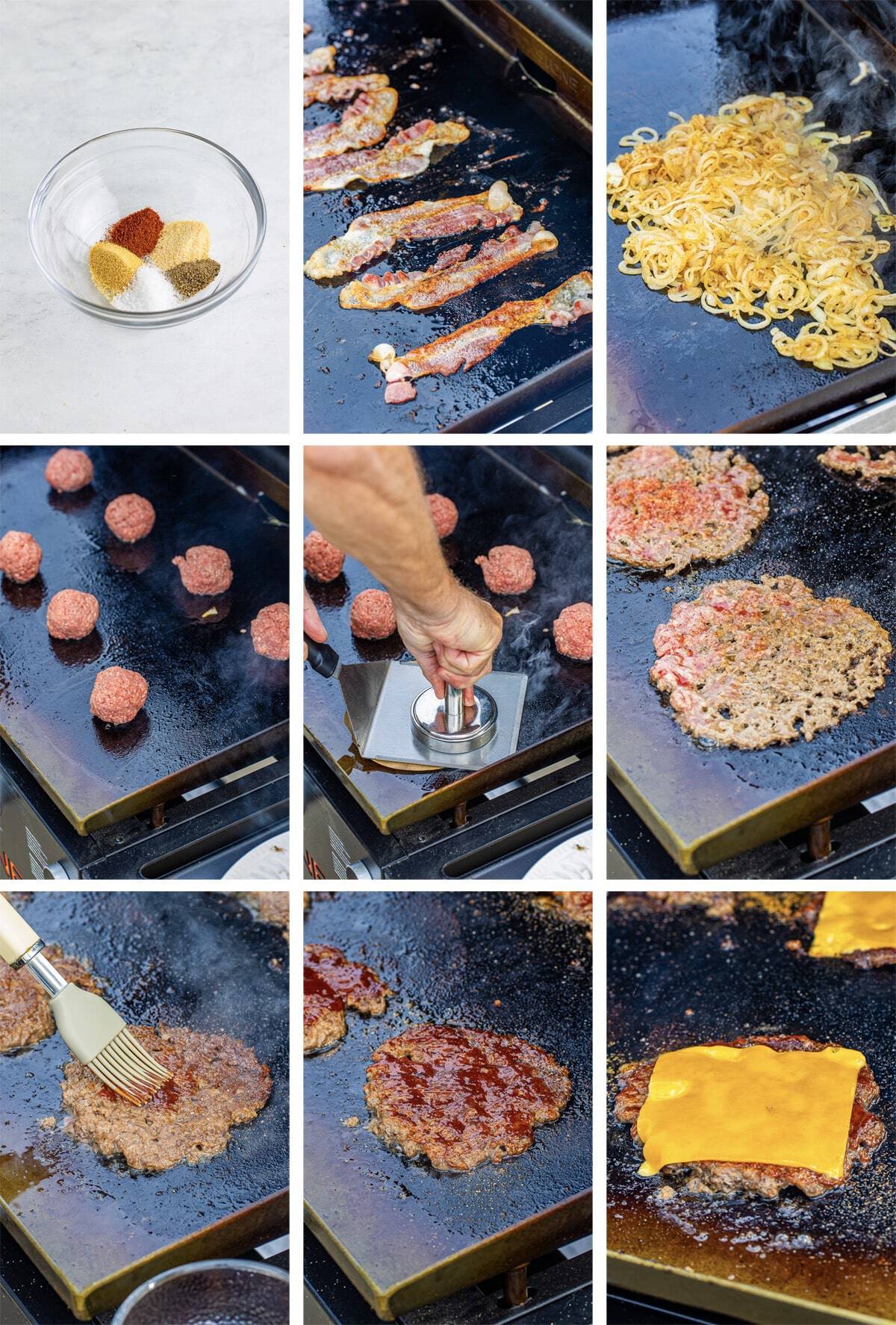 collage of images showing how to make Blackstone Smash Burgers