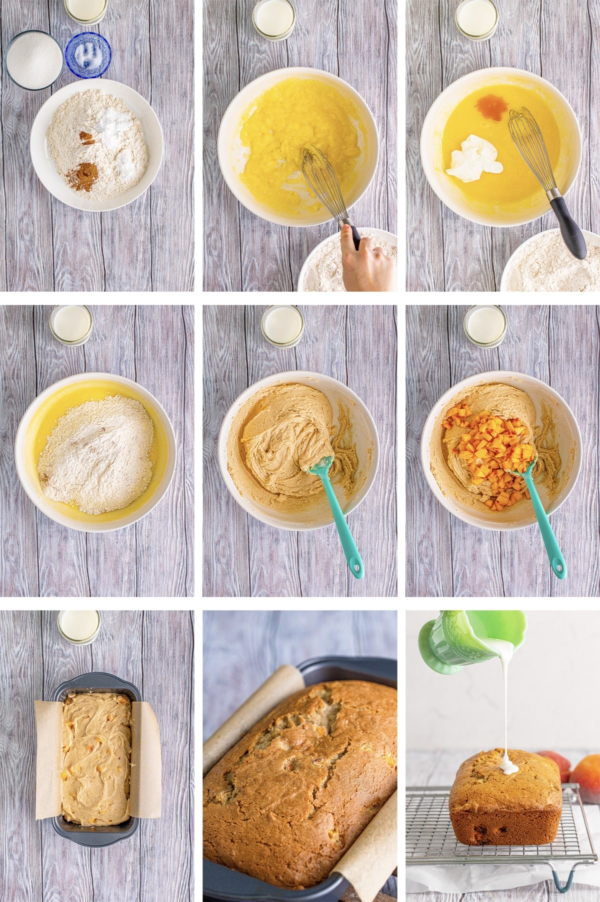 collage of images showing how to make peach bread