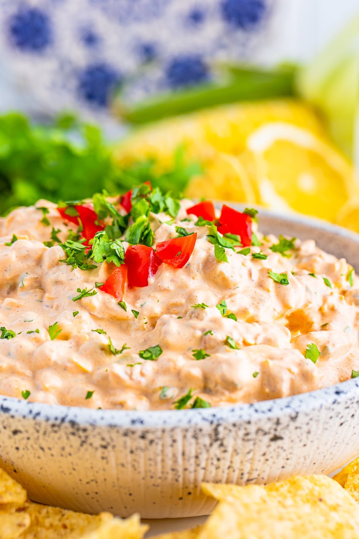 up close image of Cream Cheese Taco Dip served in a bowl with garnishes