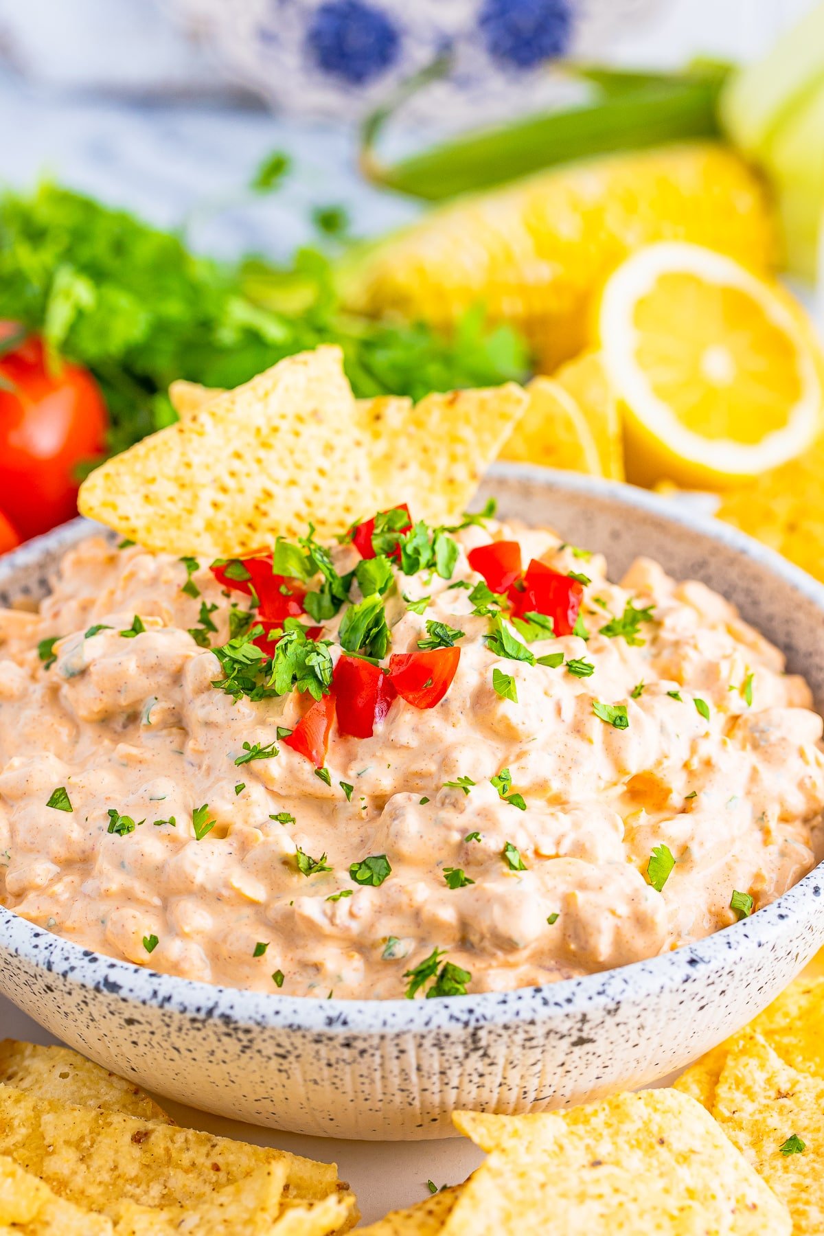 Cream Cheese Taco Dip in a speckled serving bowl