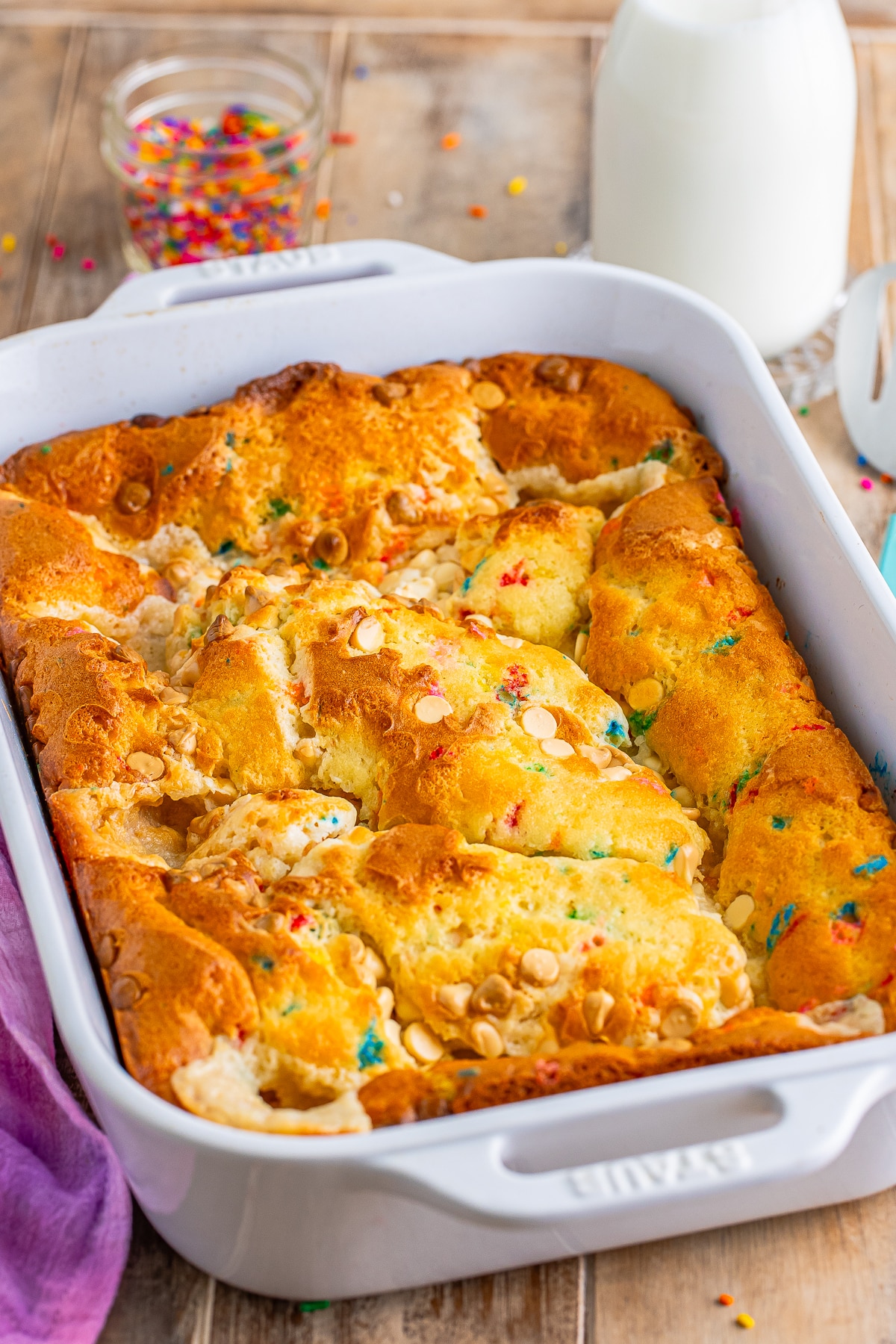 Earthquake Cake recipe in baking dish on a wooden table top
