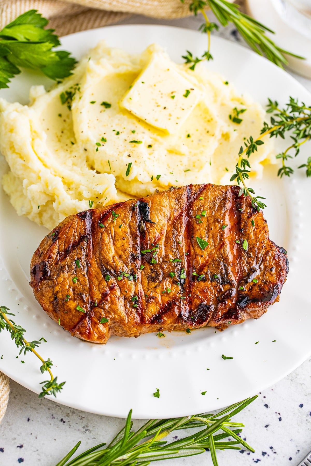 overhead image of Grilled Pork Chops on a plate