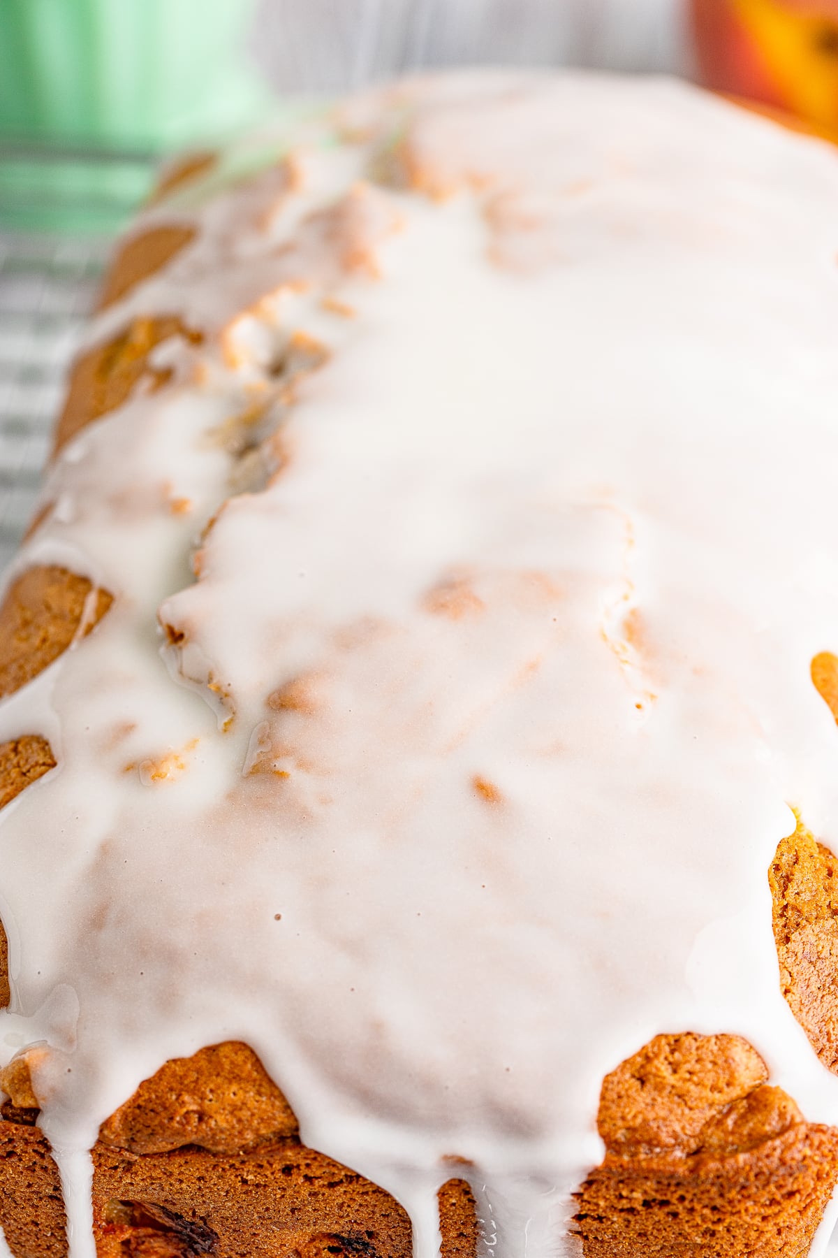 up close images of peach bread with glaze