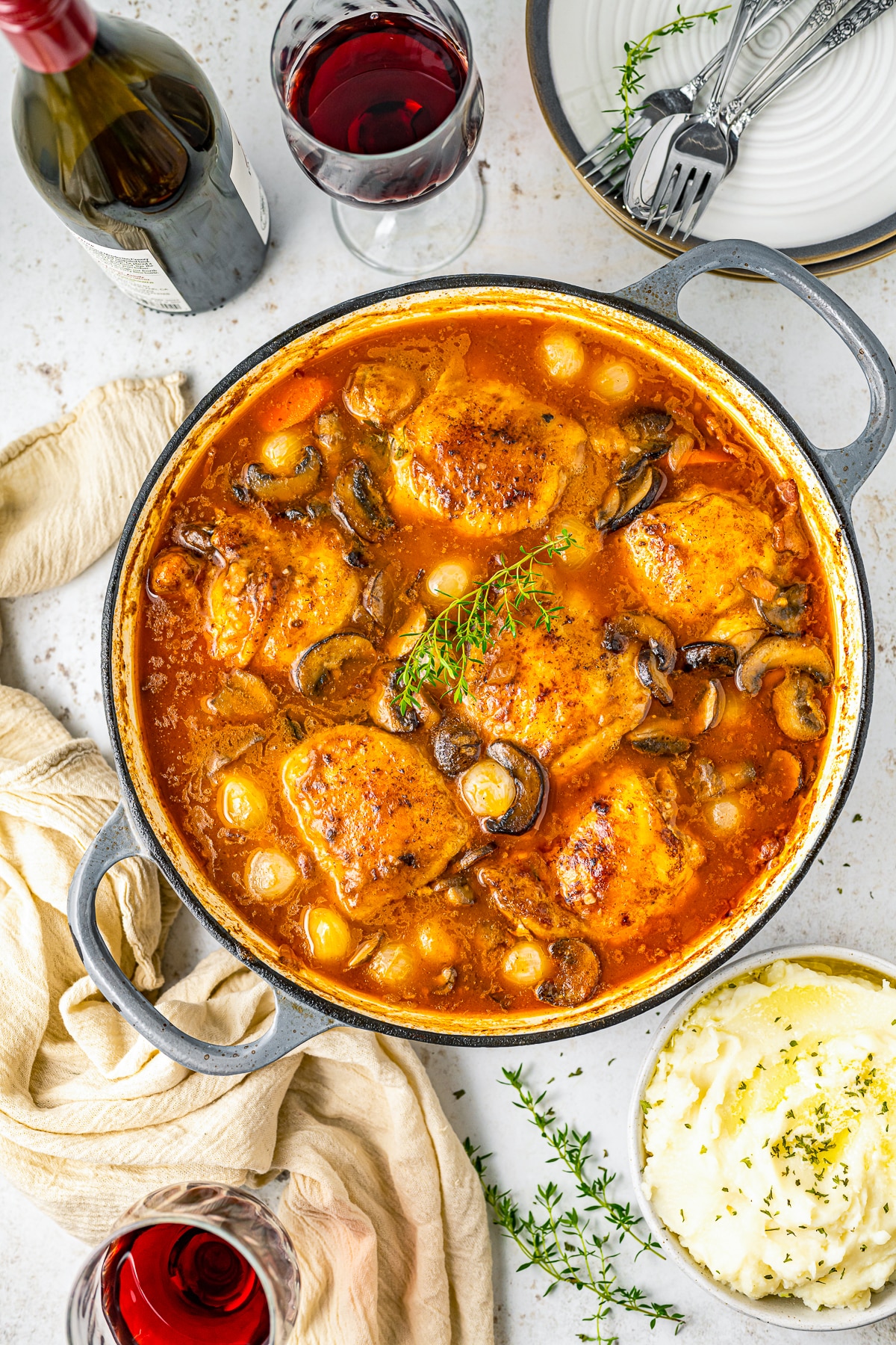 overhead image of finished Coq au Vin Recipe in Dutch oven