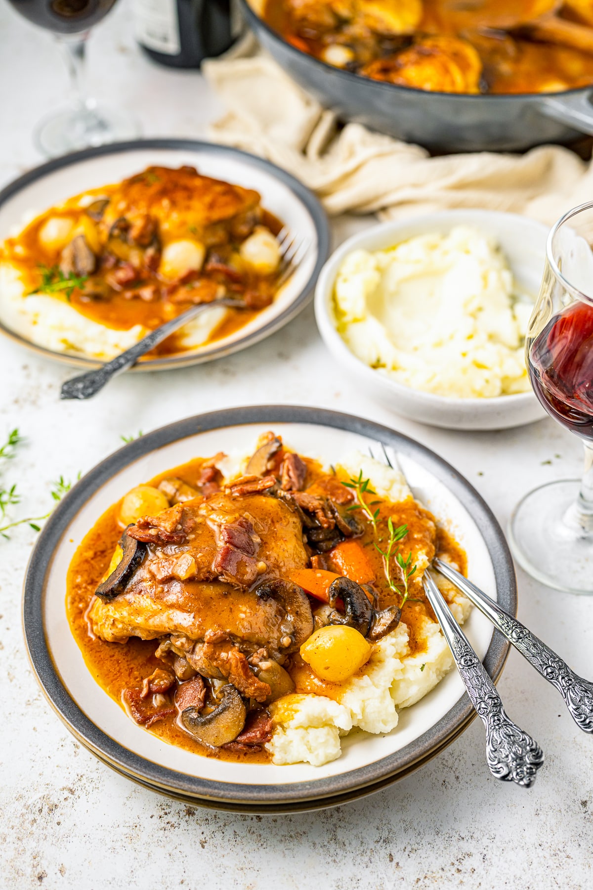 far away image of plated with Coq au Vin Recipe on them