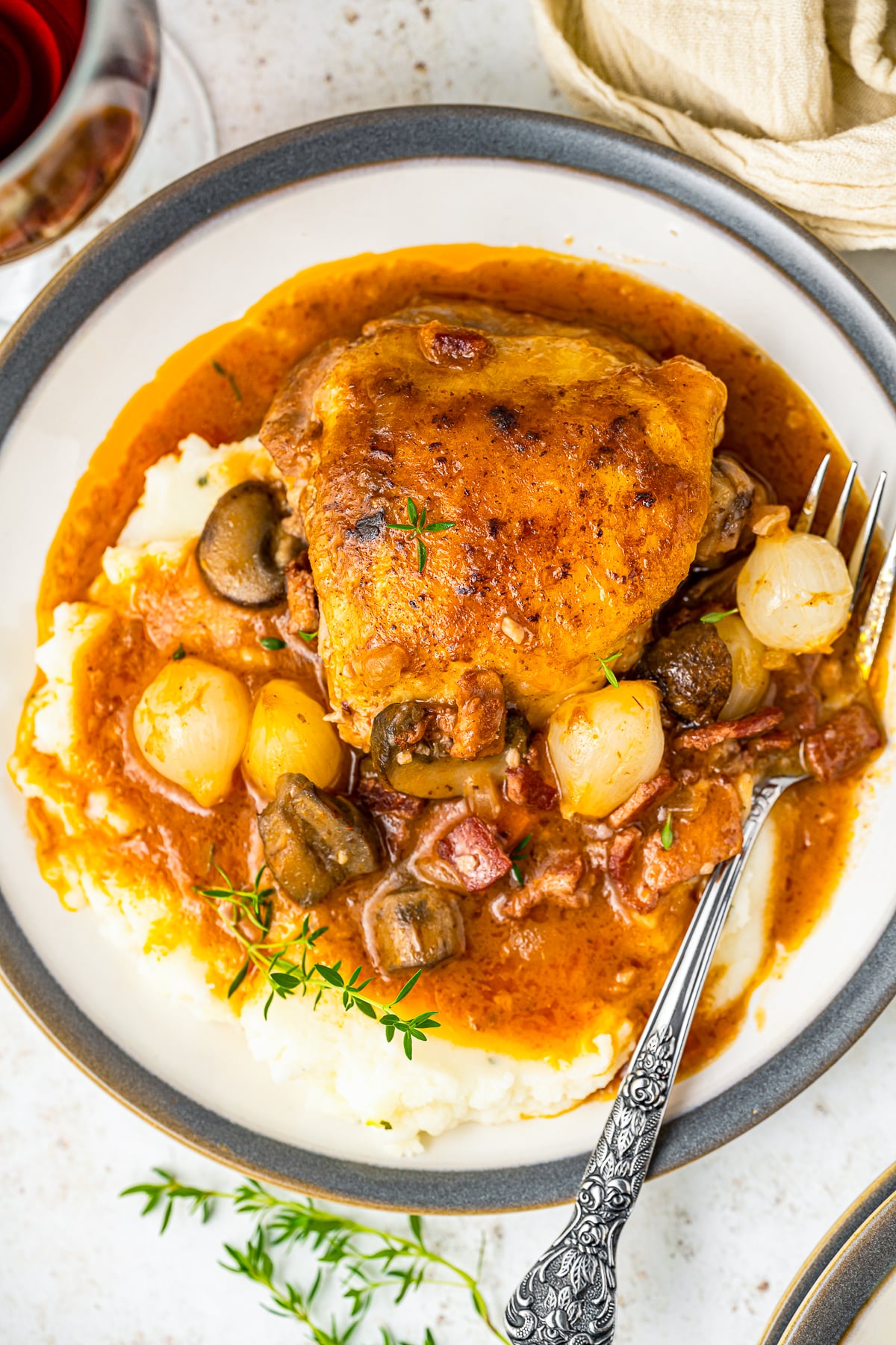 over head image of plated Coq au Vin Recipe