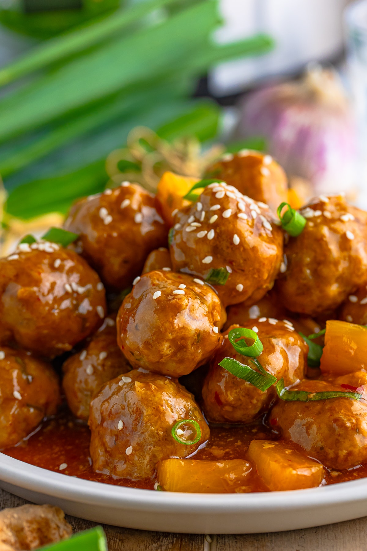 upclose image of Pork Meatballs on white plate