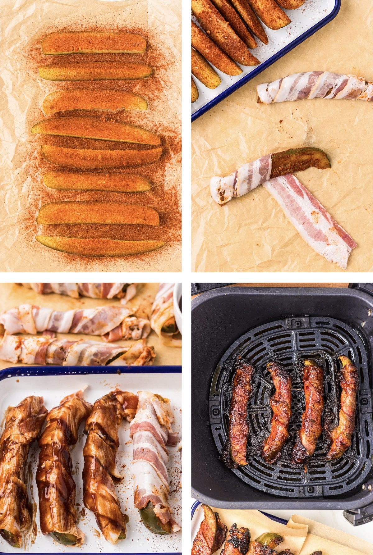collage of images showing how to make Bacon Wrapped Dill Pickles