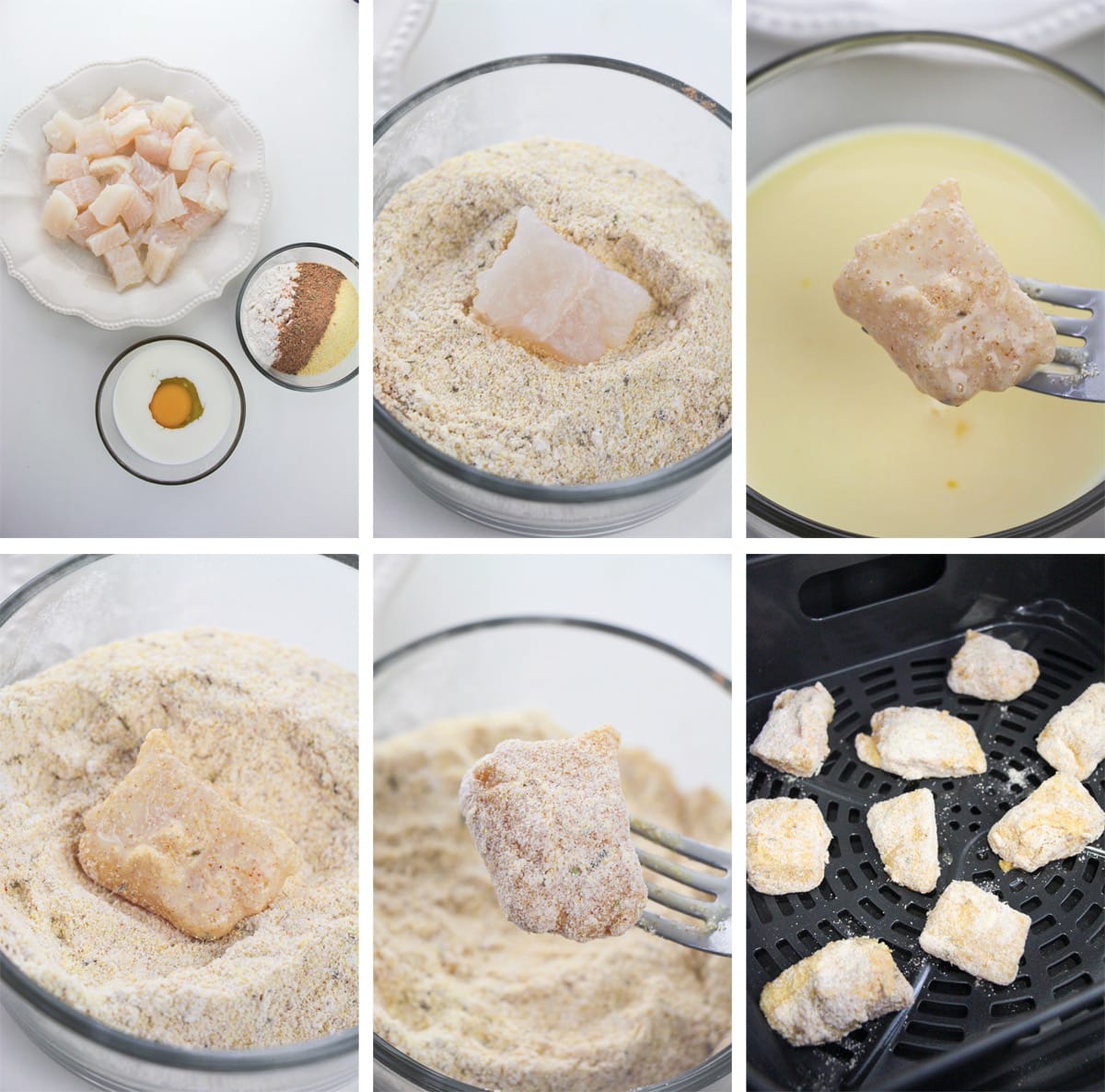 collage of images showing how to make Catfish Nuggets in the air fryer
