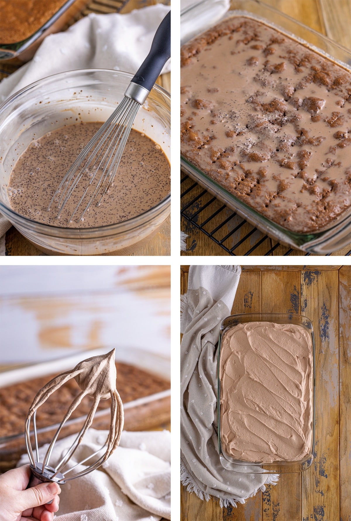 collage of images showing the final steps on how to make chocolate tres leches cake