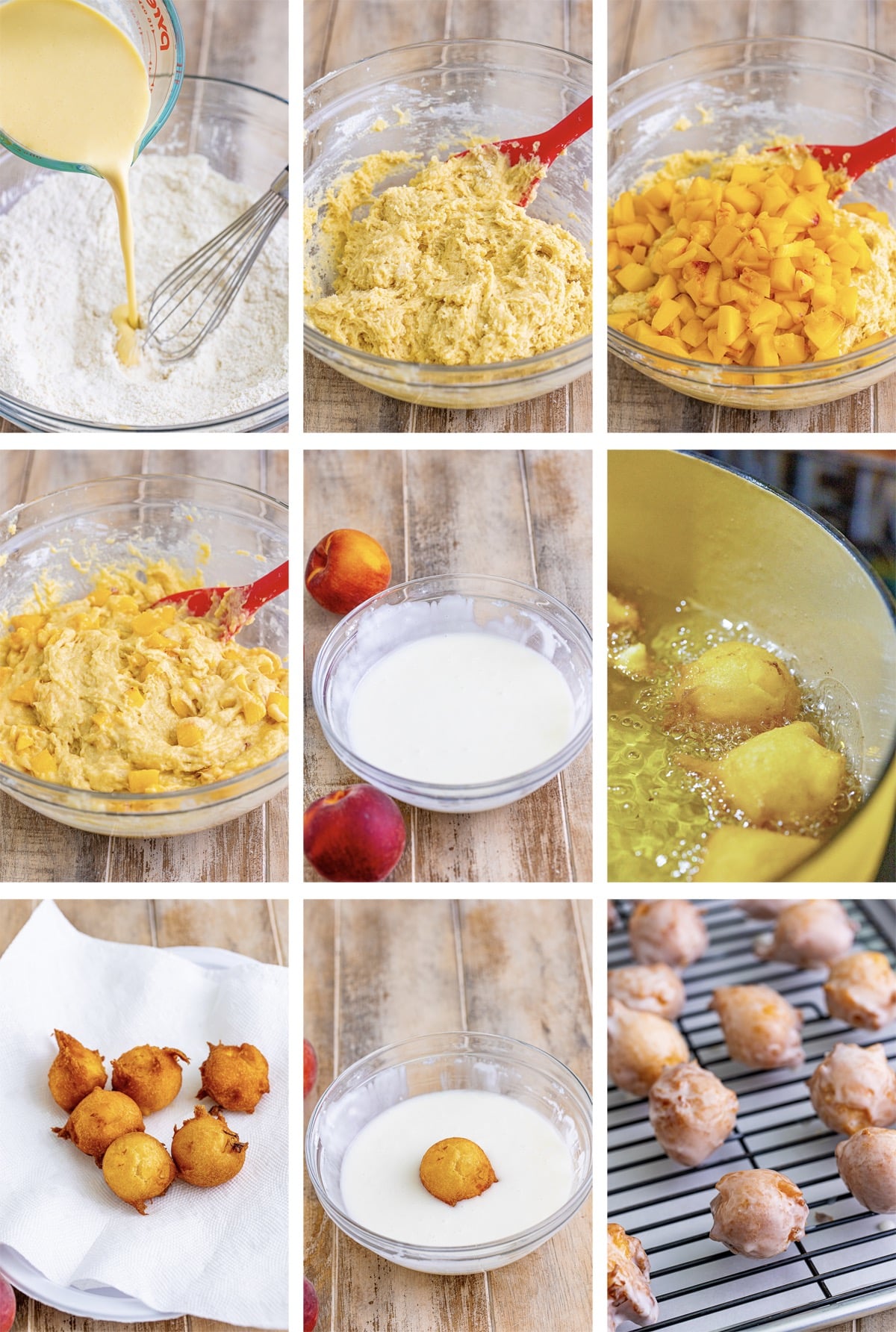 collage of images showing how to make Peach Fritters